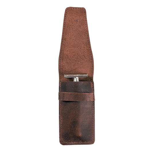 CestAntiQ, Funda de cuero para maquinilla de afeitar de seguridad, accesorios de afeitado, esenciales para el cuidado personal, hecha a mano: marrón