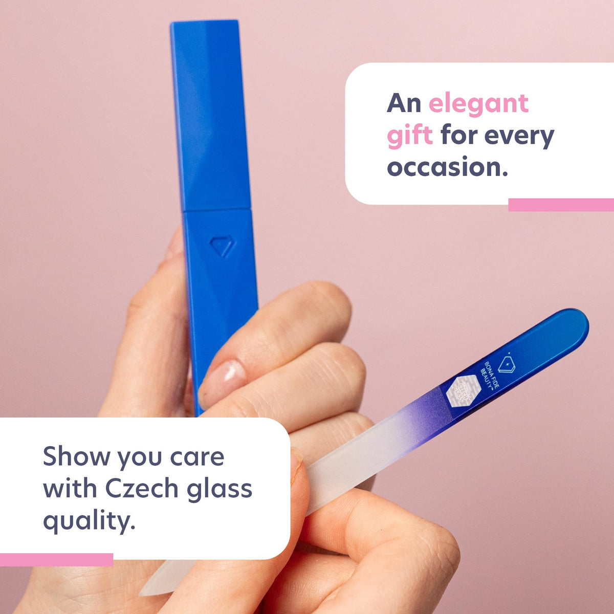 Lima de uñas de cristal con funda, lima de uñas de manicura Bona Fide, uñas de forma experta con lima de precisión suave, deja las uñas lisas, lima de vidrio checo de alta calidad de agua/cobalto