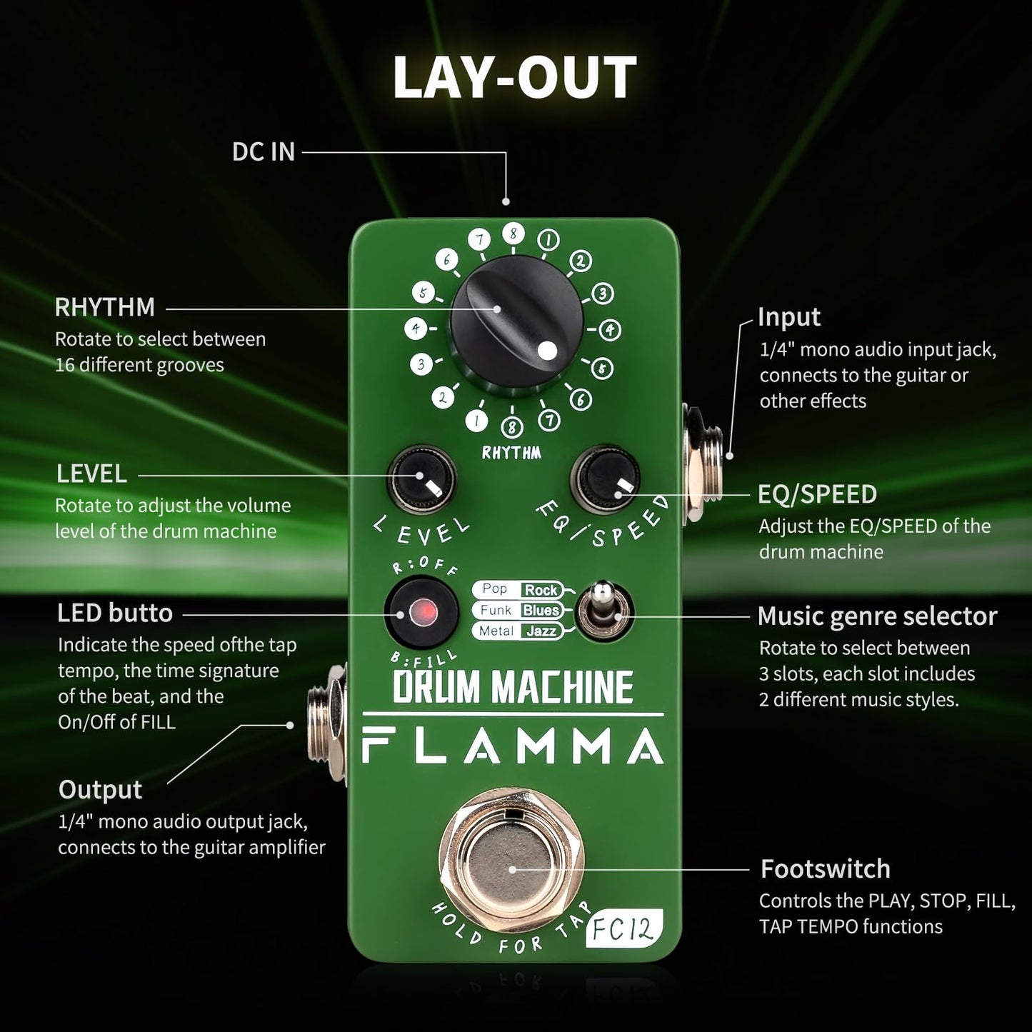 Máquina de Tambor FLAMMA FC12 Negra con Tap Tempo y Preajustes de Ecualizador para Guitarra