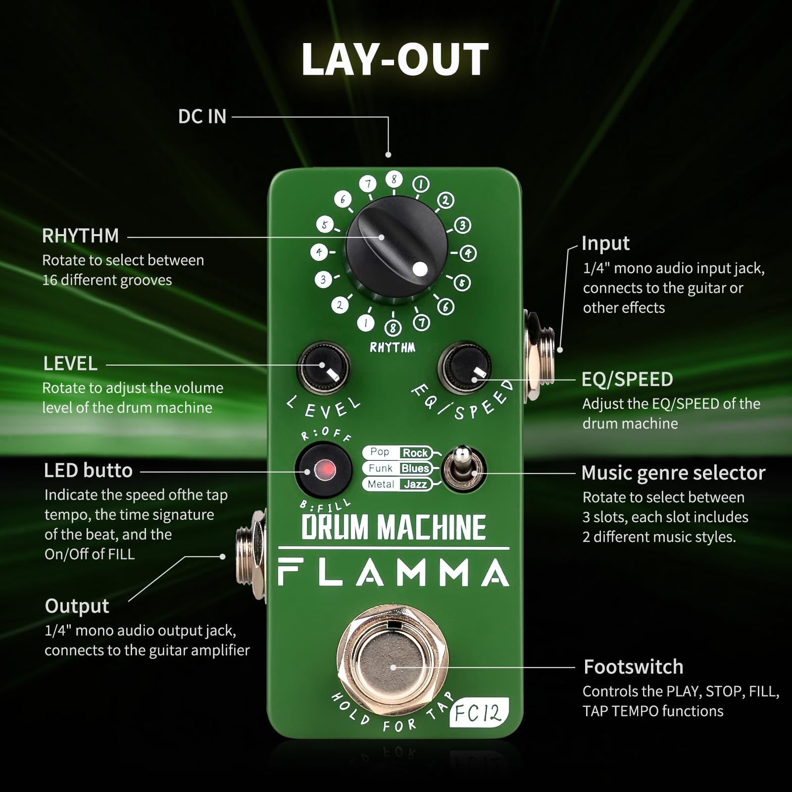 Máquina de Tambor FLAMMA FC12 Negra con Tap Tempo y Preajustes de Ecualizador para Guitarra