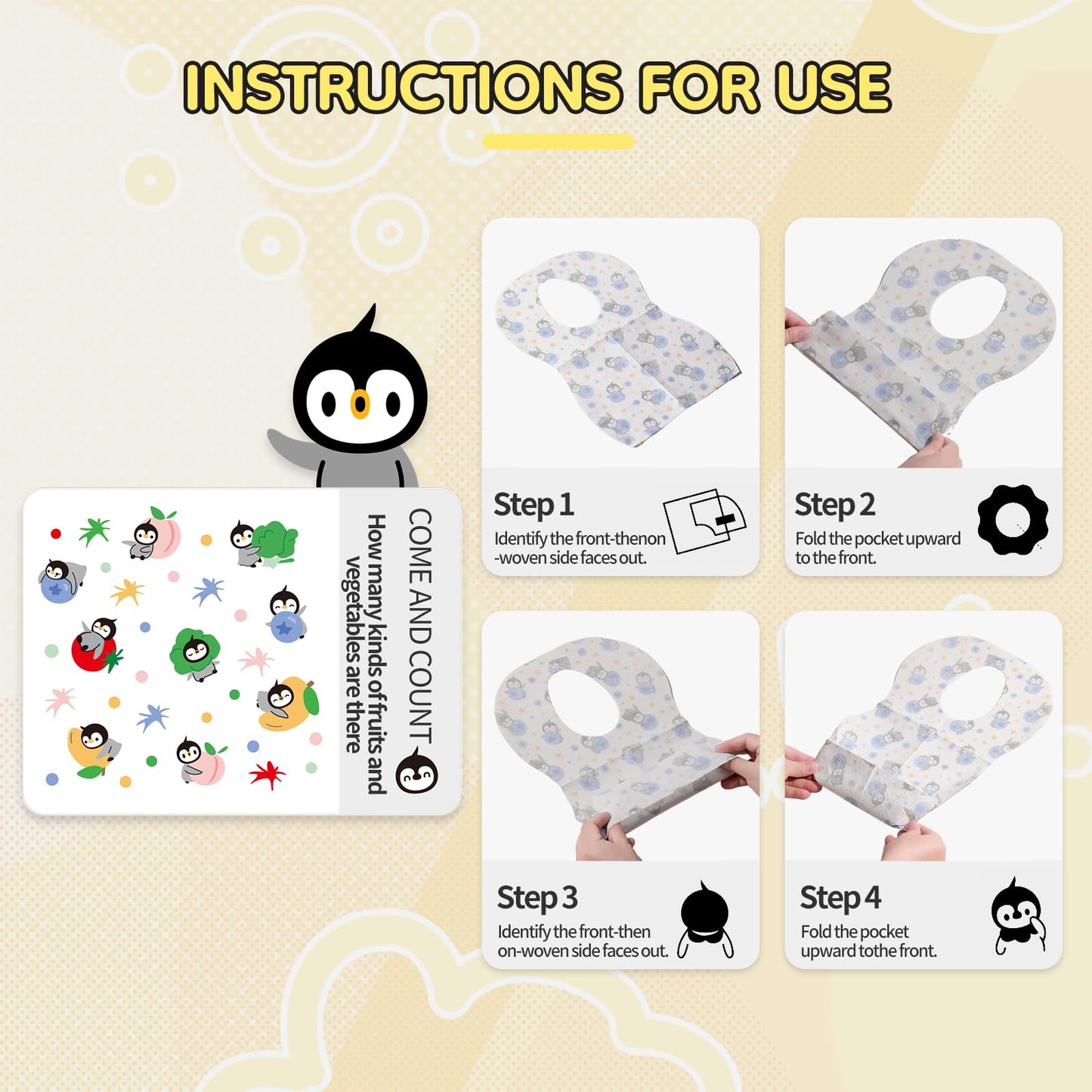 Onceplan Baberos desechables de alimentación, paquete individual de 24 para bebés y niños, pestañas adhesivas ajustables, baberos de 13.78 x 9.45 pulgadas para comer (【24 piezas) Oliver y tomate)
