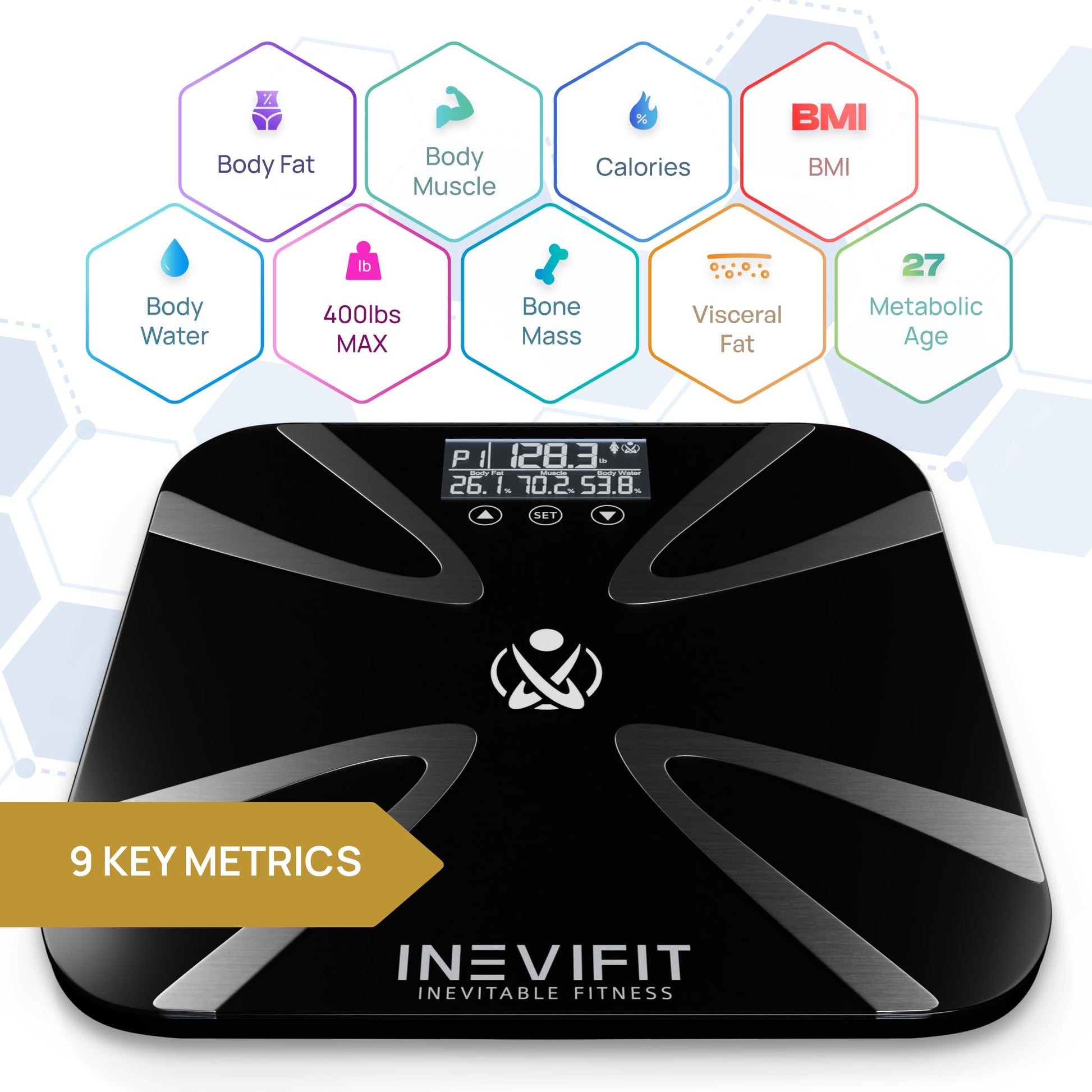 INEVIFIT Body-Analyzer Scale, Highly Accurate Digital Bathroom Body Composition Analyzer, Measures Weight, Body Fat, Water, Muscle, BMI, Visceral Levels & Bone Mass for 10 Users. 5-Year Warranty