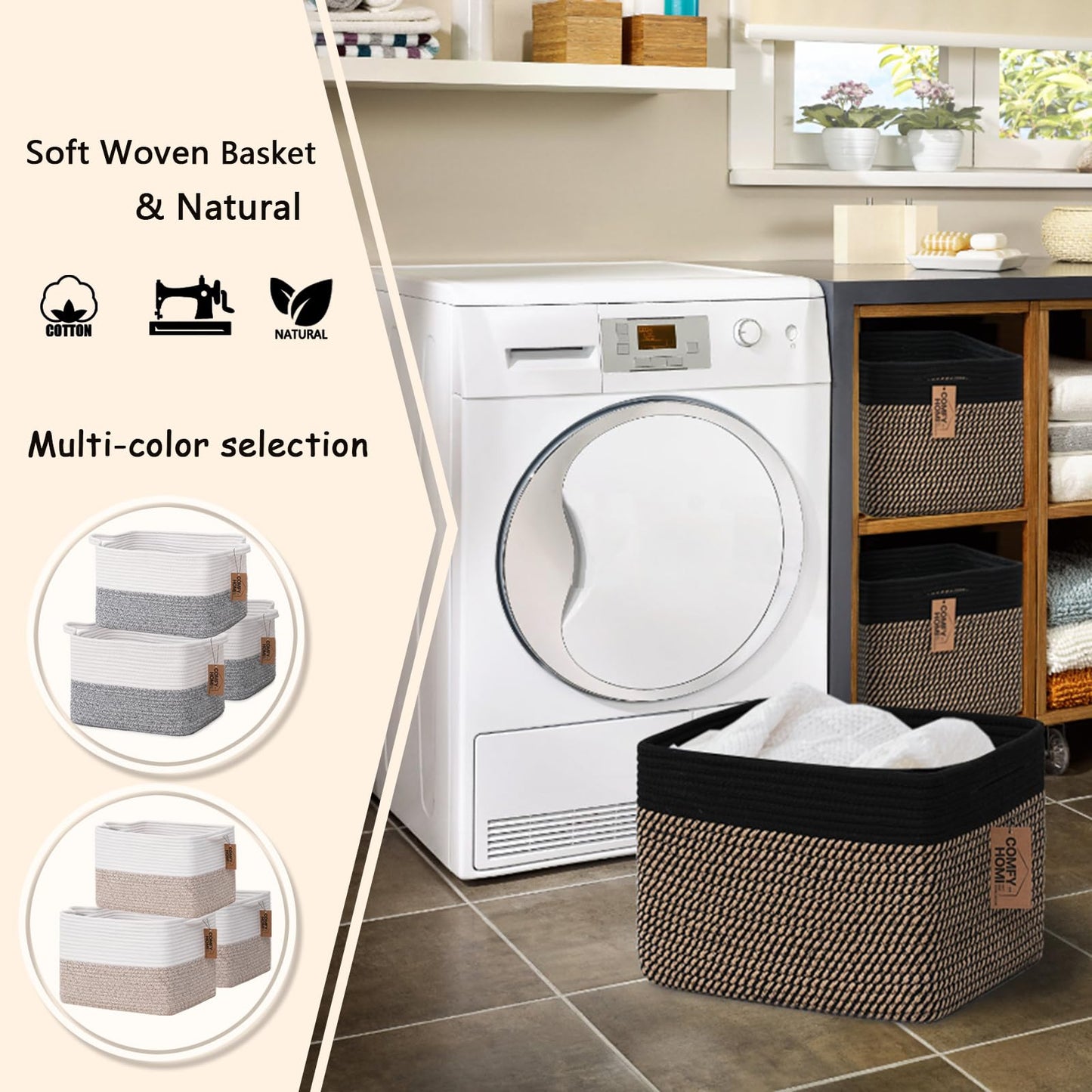 COMFY-HOMI Paquete de 3 cestas cuadradas de cuerda de algodón con asas para estantes | Recipiente para juguetes de perro y almacenamiento | Regalo para bebé | Organizador de zapatos | Nuevo de 13.5 x