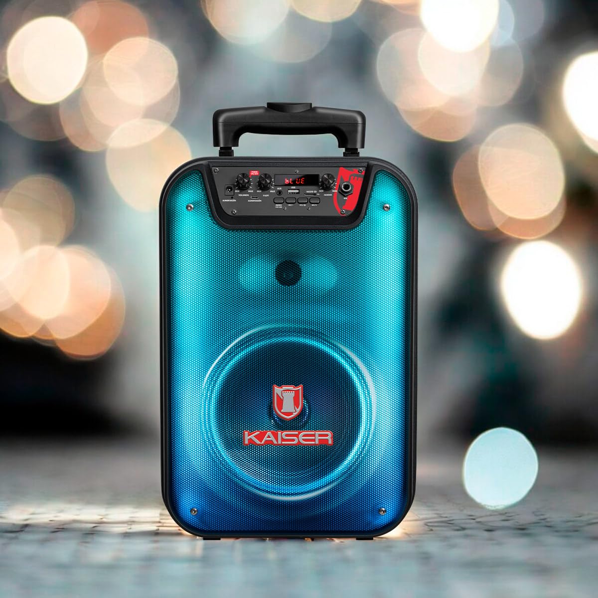 Bocina Bluetooth Tipo de 8 pulgdas con Luz Tipo Flama, KSR-Link, Recargable, Bluetooth, FM, USB, Micro SD, Micrófono Alámbrico, Trolley, Potencia de 20W RMS