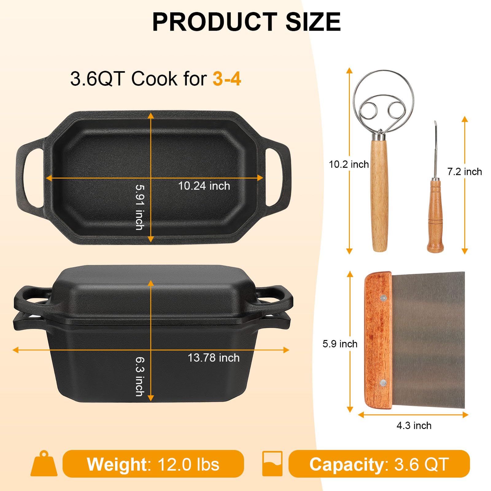 Horno holandés de hierro fundido presazonado para hornear pan con tapa de sartén, horno holandés ovalado de 3,6 cuartos de galón, sartén para horno de pan | Suministros para hornear pan de masa