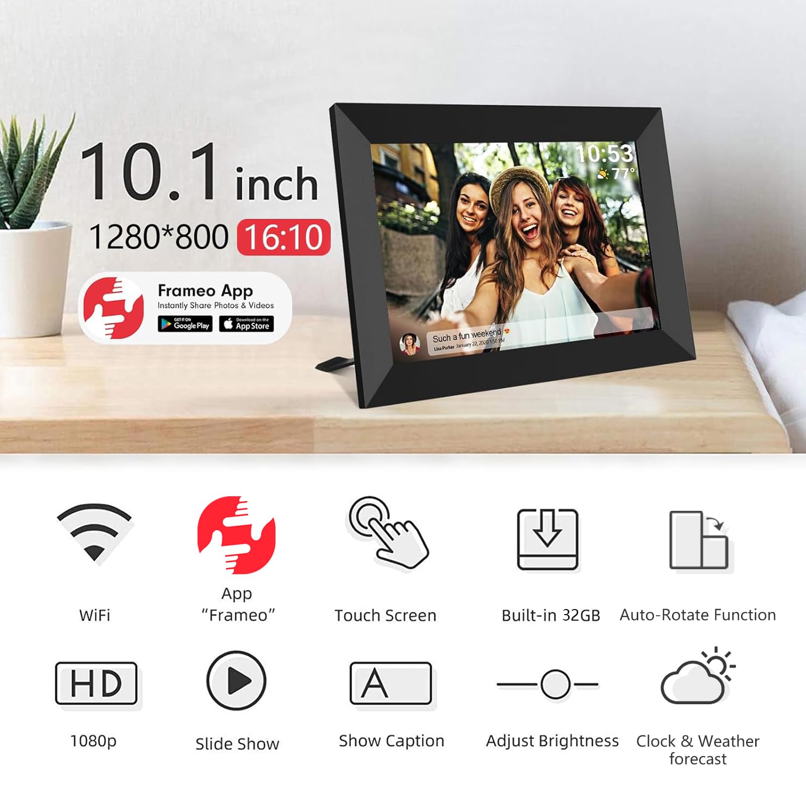 FRAMEO - Marco de fotos digital WiFi inteligente de 32 GB de 10.1 pulgadas, visualización táctil LCD IPS de 1280 x 800 pulgadas, rotación automática de retrato y paisaje, memoria integrada de 32 GB,