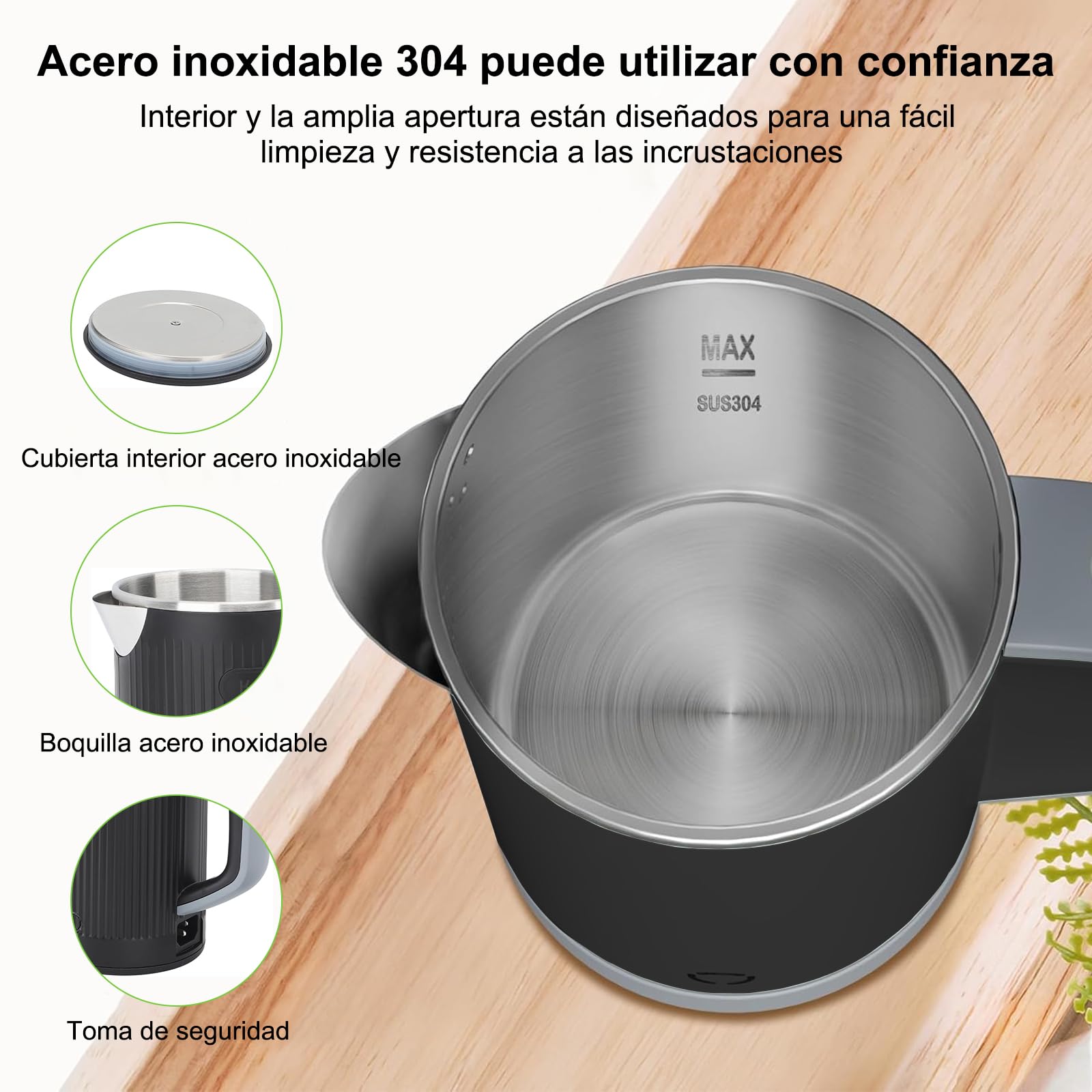 Tetera Electrica RYEWGRV Negro Acero Inoxidable Portátil 0.8 L 600 W