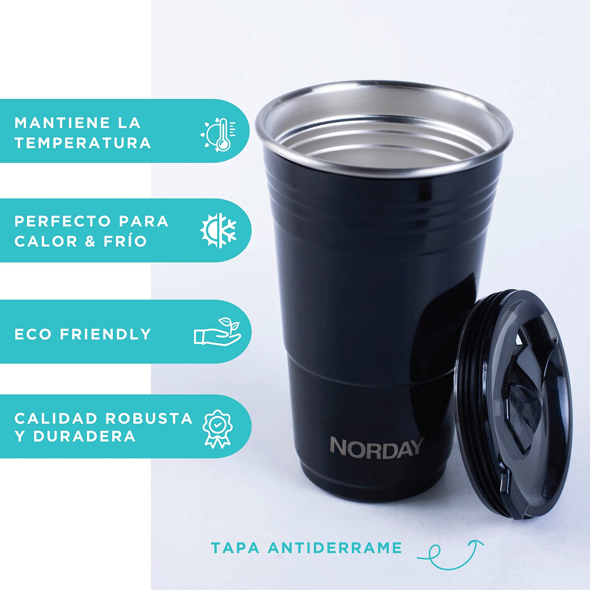 Termo de Acero Inoxidable Norday Negro con Tapa Antiderrame y Doble Pared
