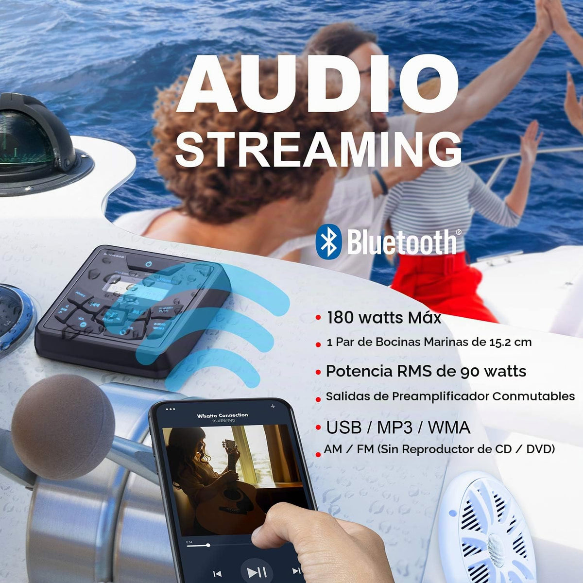 Sistema de Audio Marino Boss Audio Blanco con Bluetooth y Resistente al Clima IPX6, Dos Altavoces de 6.5" y un Receptor