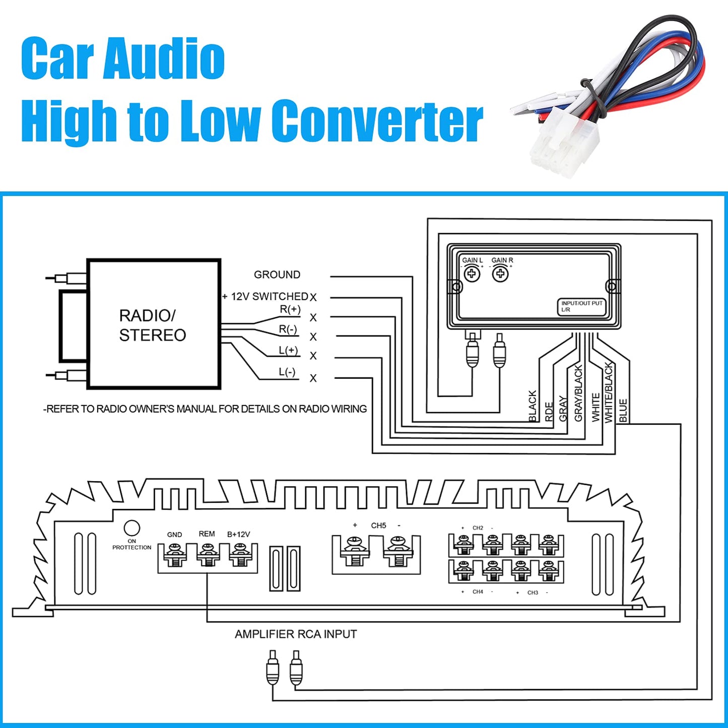 Convertidor de Audio Acouto Negro para Coche estéreo con Adaptador de Nivel de Altavoz para subwoofer y Reproductor de CD