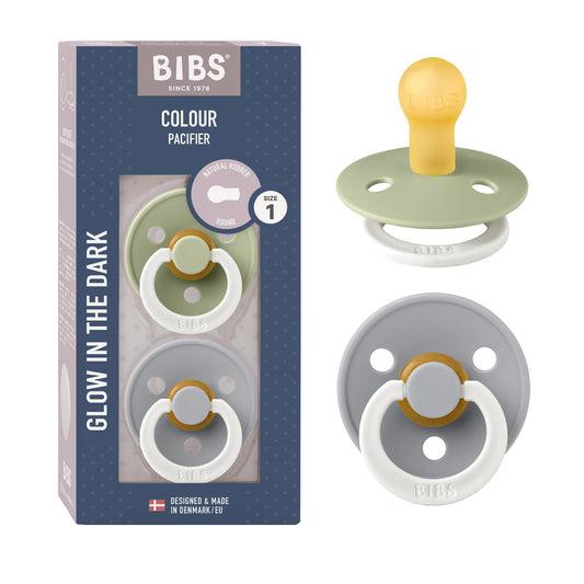 BIBS chupetes caucho natural Brillan en la oscuridad 0-6 meses 2 pza Sage Night/Cloud Night
