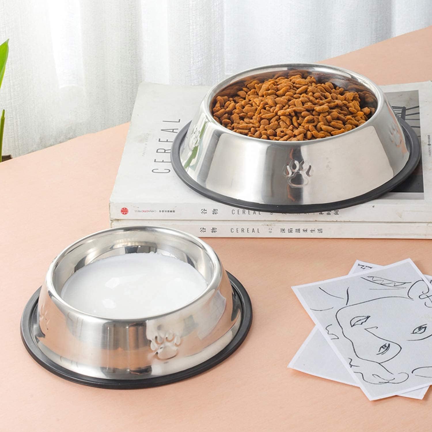 COOLKITALENT Comedero para Perro de Acero Inoxidable, Cuenco De Comida para Mascotas, Comedero y Bebedero Perro Antideslizante, para Perro Grande y Medianas, 2 Unidades, 26cm