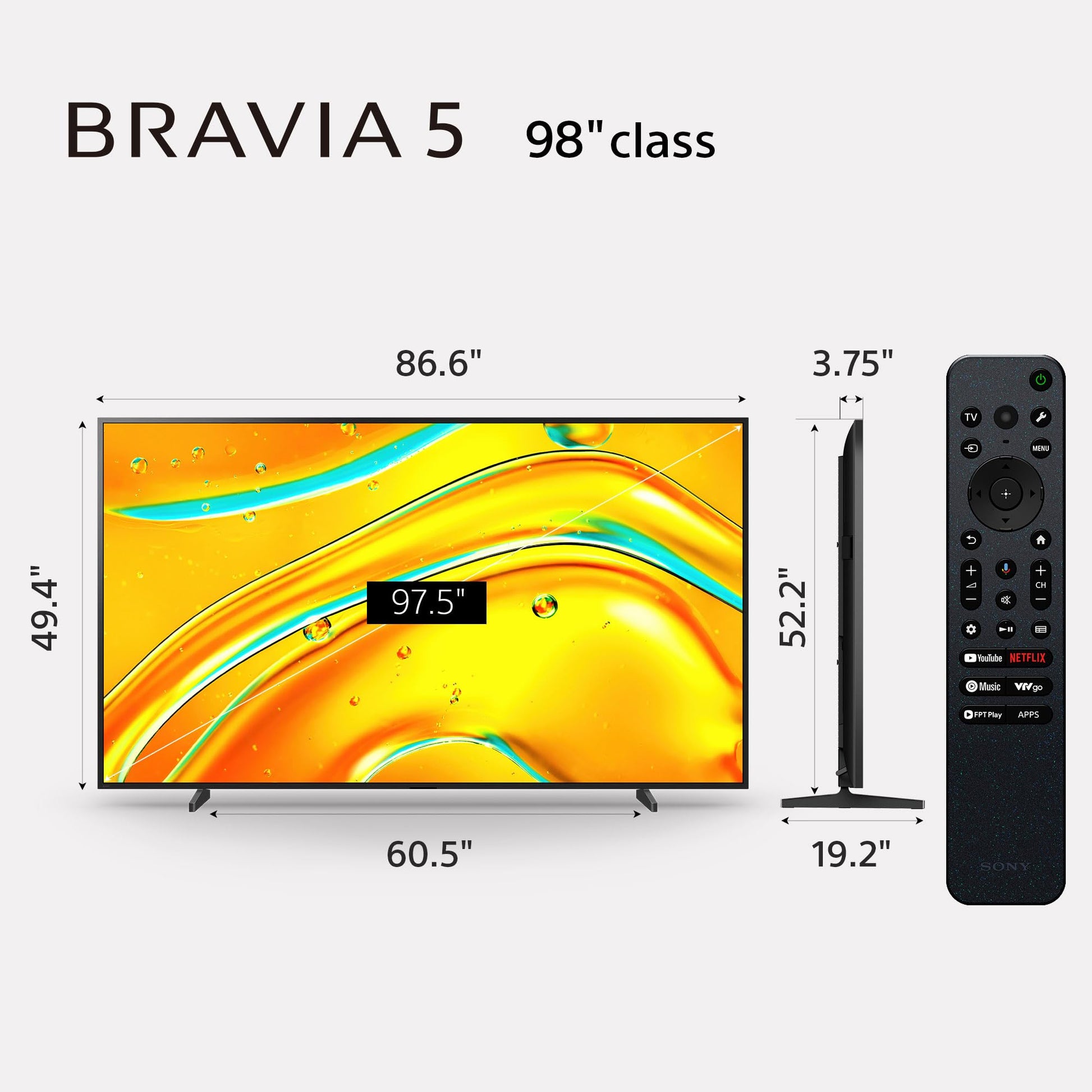 Sony BRAVIA 5 TV de 98 pulgadas, mini LED, 4K Smart Google TV, procesador XR con tecnología AI, televisión de 120 Hz con Dolby Vision/Atmos, características exclusivas para PlayStation5, K-98XR50