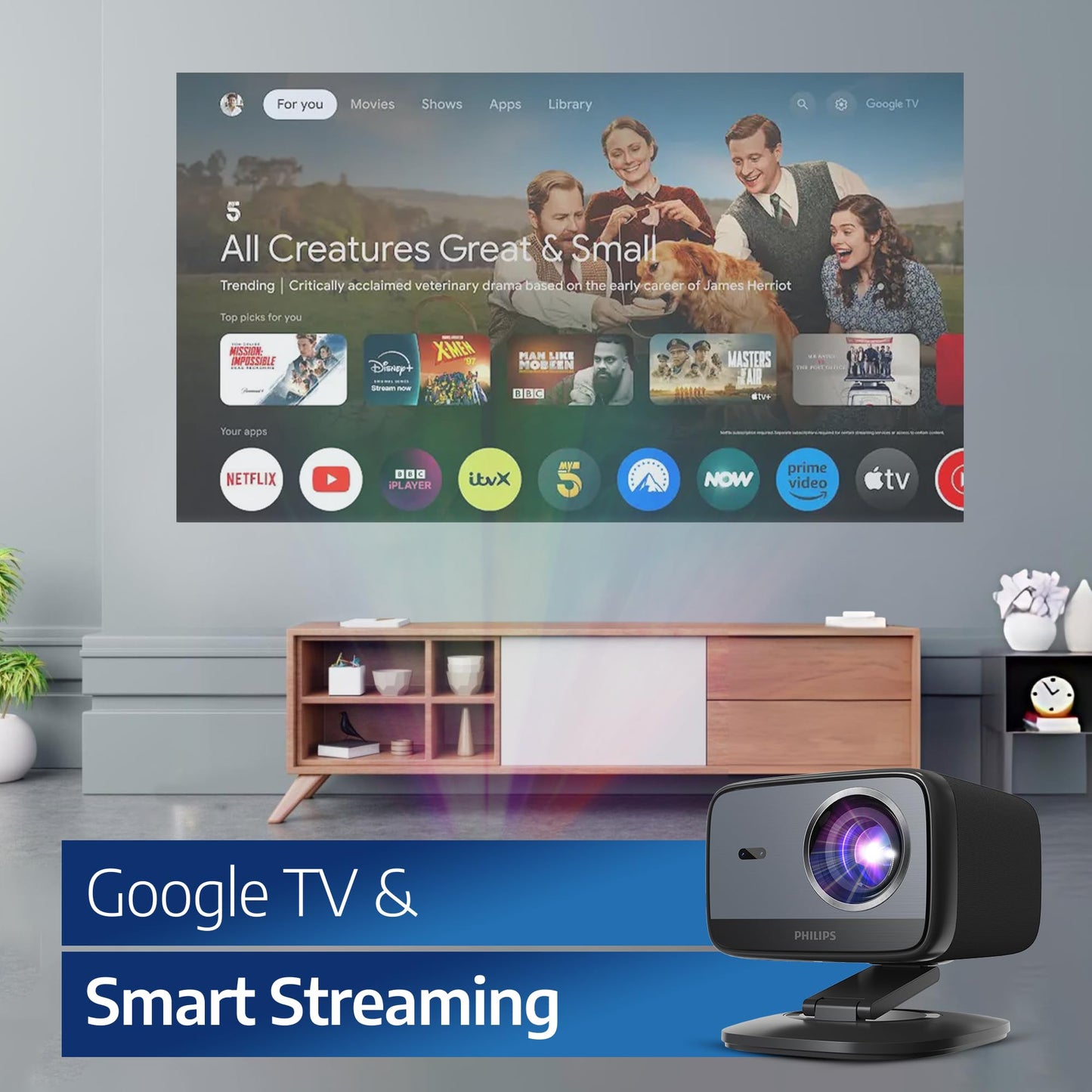 Philips, NEOPIX 450 Smart Proyector 4K Google TV Resolución Nativa 1080P 500LM ANSI WiFi 6 Sonido Estéreo 10W Compartir Pantalla Inalámbrica
