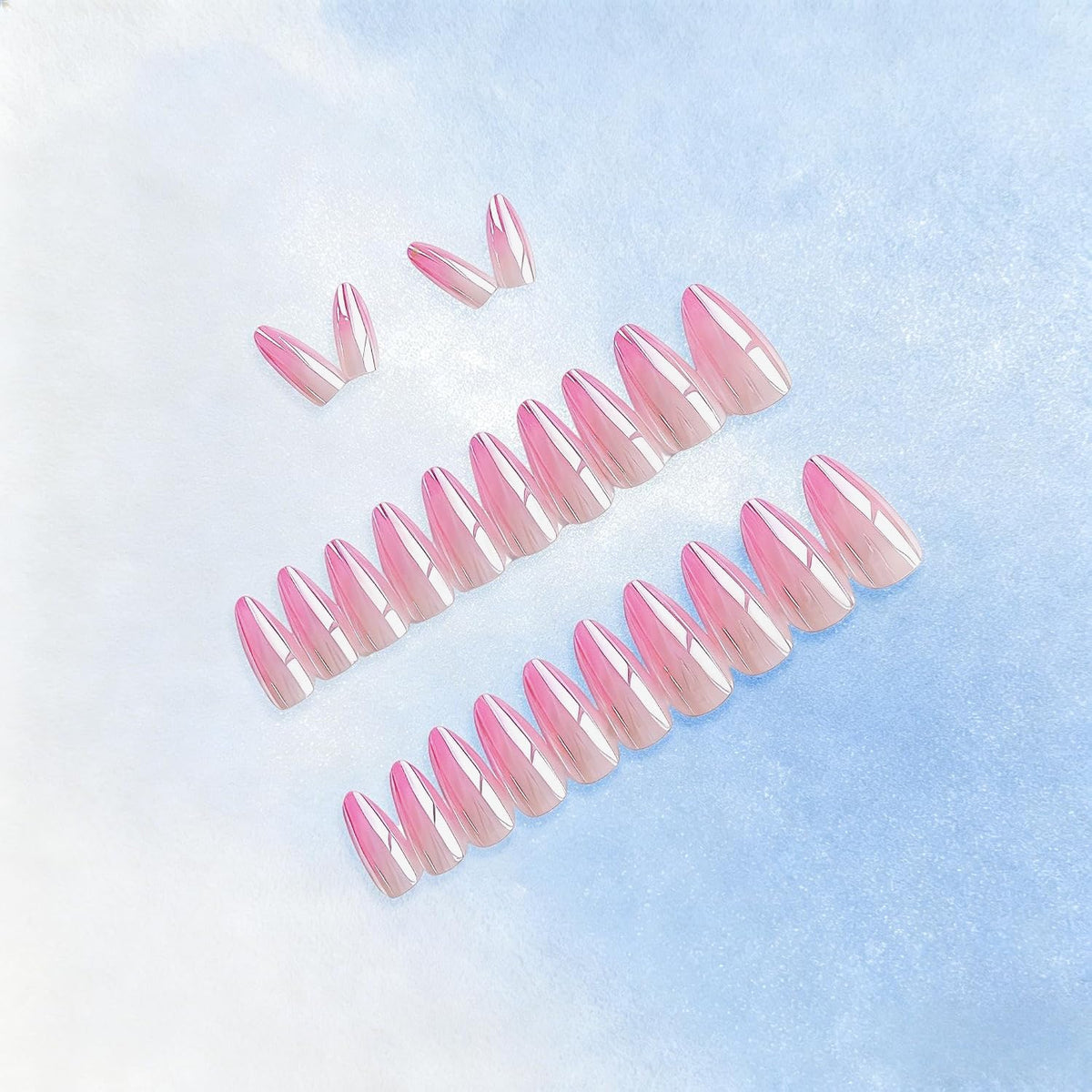 SXVME Uñas francesas cromadas prensadas almendra, uñas postizas ombré medianas con acabado de espejo esmaltado, uñas cromadas en degradado nude lila prensadas, uñas de gel stiletto para bodas de mujer