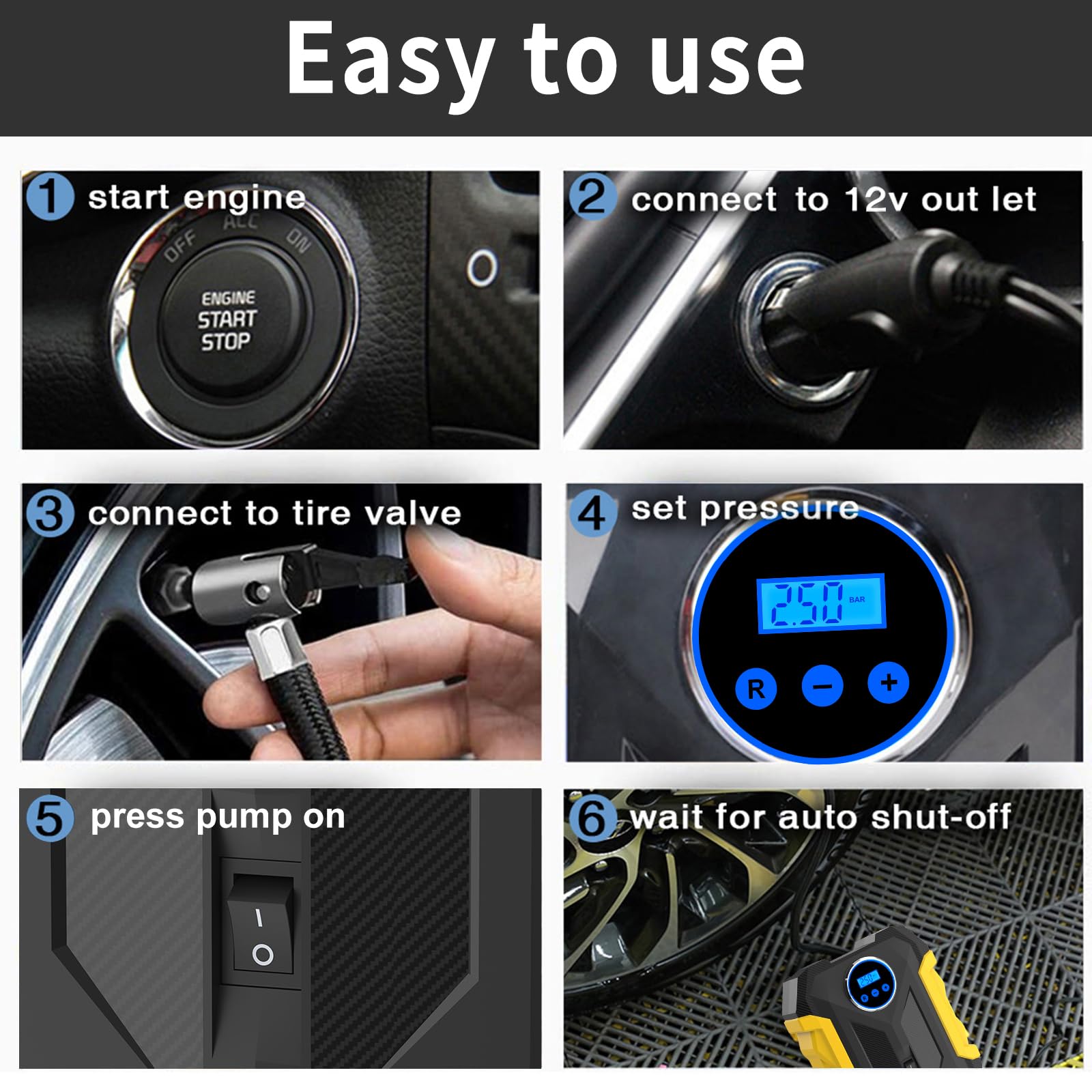 Compresor de aire digital para bomba automática de coche, inflador de neumáticos portátil con luz LED DC 12 V