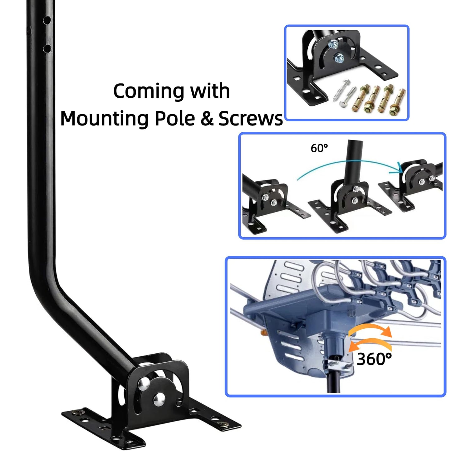 Antena de TV para exteriores con poste de montaje y cable coaxial RG6 de 40 pies, rango de 150 millas, rotación remota inalámbrica, soporte de 2 televisores, rotación de 360°