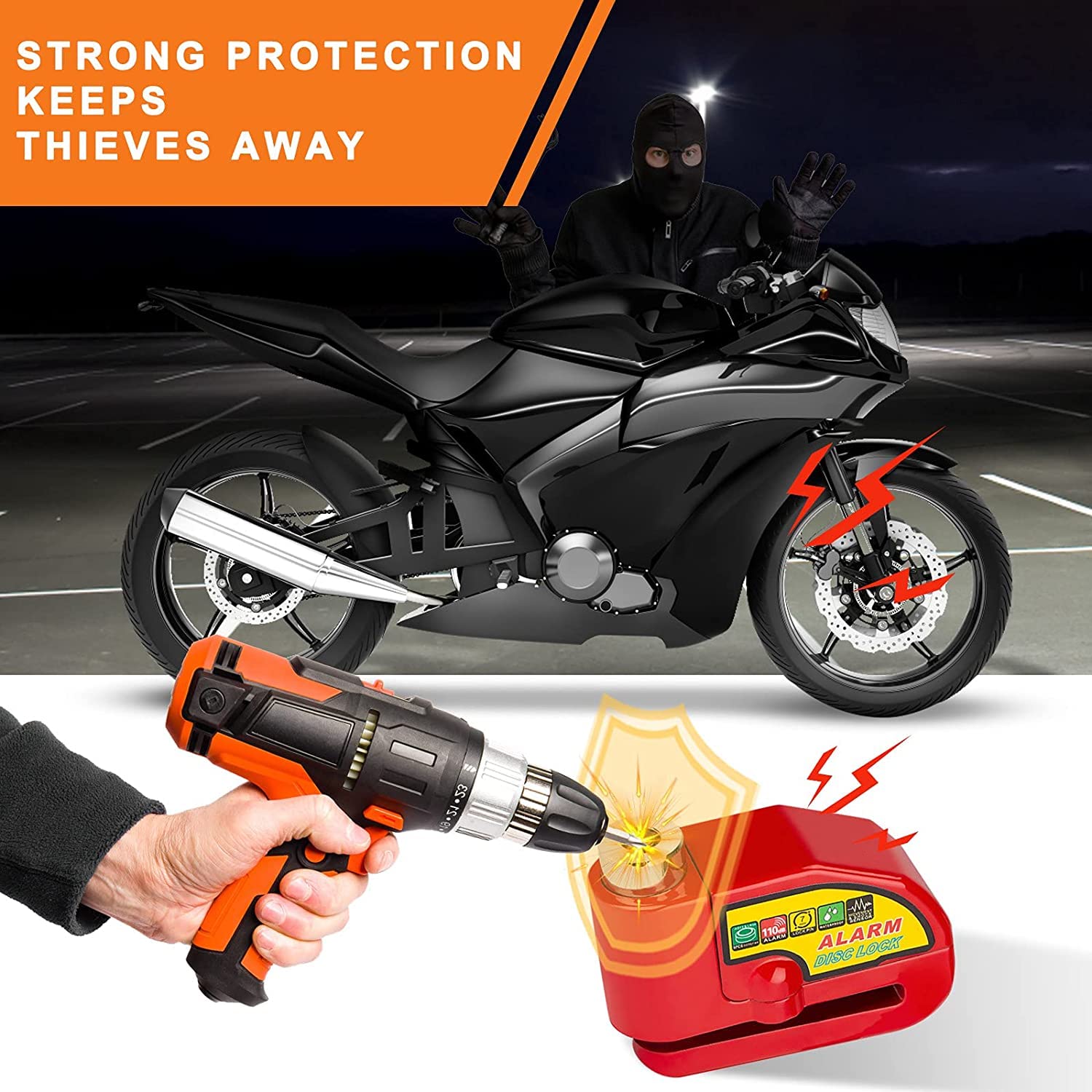 Candado de Alarma Impermeable PERANNU Rojo con Bloqueo de Freno de Disco y Alerta de 110 dB para Moto, Bicicleta y Scooter