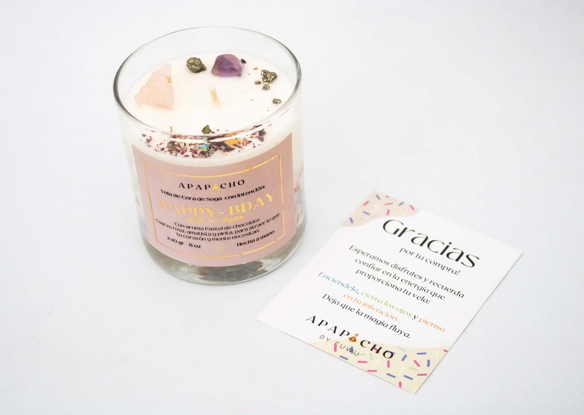 Fuwu, velas aromaticas relajantes Happy Birthday cera de soya con cuarzos naturales, velas decorativas hechas a mano con hierbas, aromatizantes para hogar, regalos de cumpleaños (Pastel de chocolate)