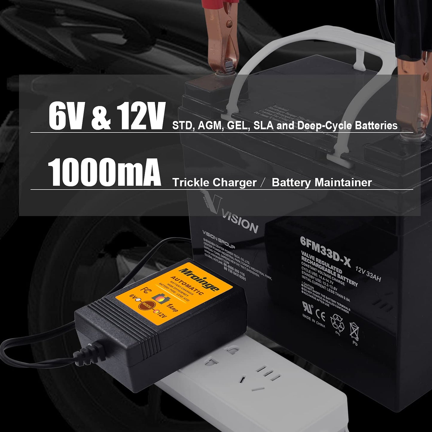 Mroinge Cargador y mantenedor de batería totalmente automático de 6 V/12 V 1 A para automóviles, motocicletas, cortacésped, ATV, RV, lancha, baterías selladas de gel AGM de ciclo profundo