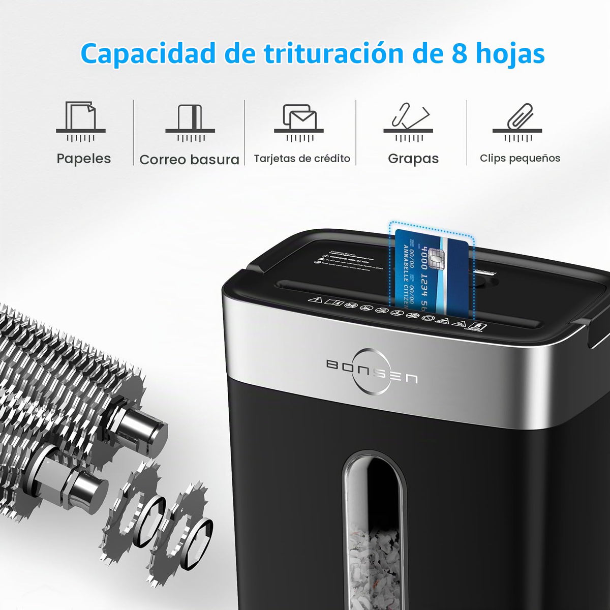 Trituradora de Papel Bonsen Negra de 4 Galones y 8 Hojas de Corte Cruzado para Oficina en Casa
