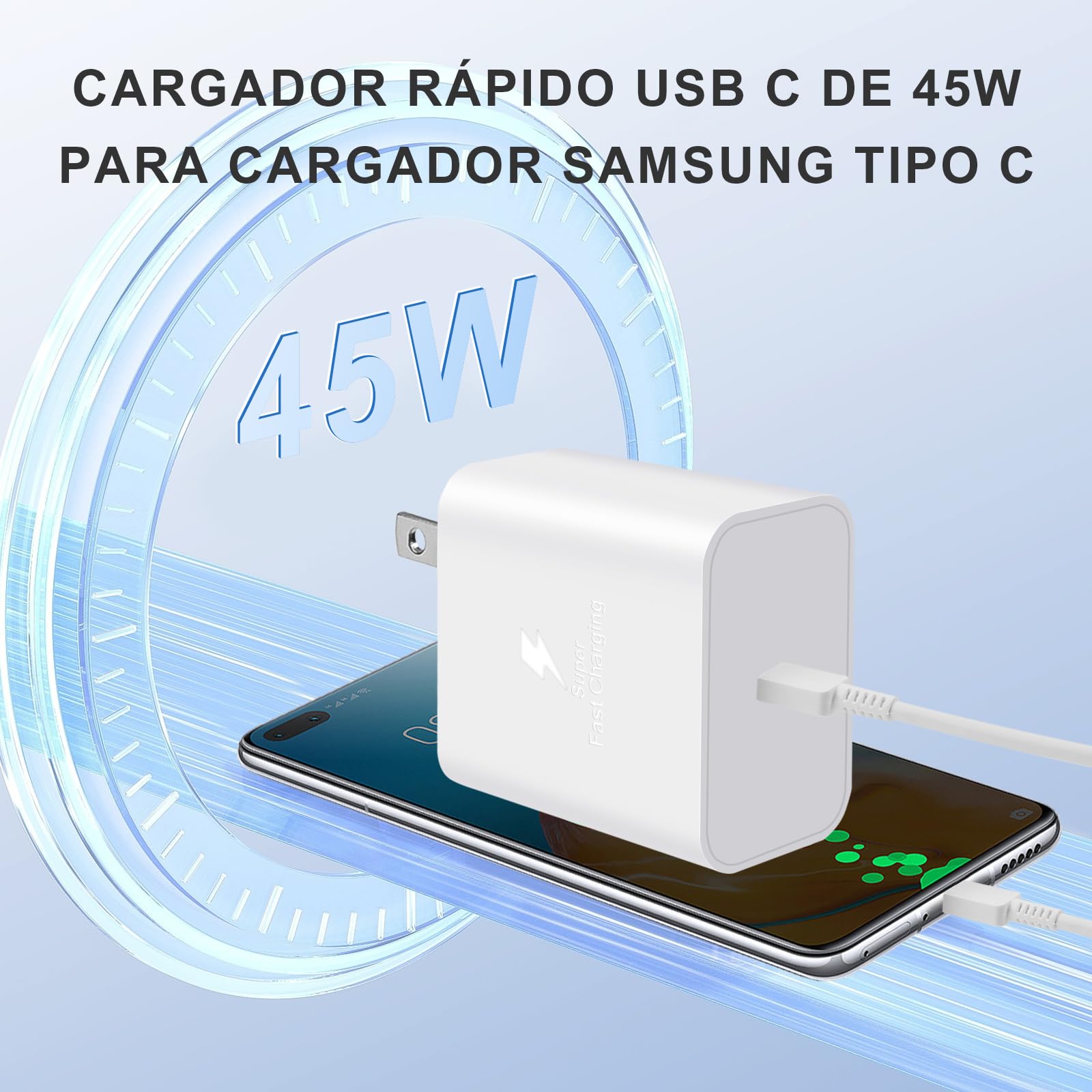 Cargador Rápido USB C de 45 W para Samsung Tipo C, Con Cable de 1.8M para Galaxy S23 Ultra/S23/S23+/S22/S22+/Note10/Note20/S20/S21/S10 (Blanco)