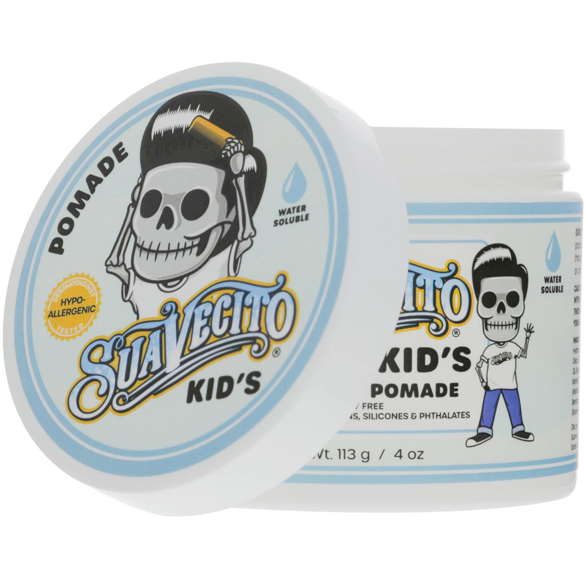 Suavecito Kid'S Pomade Calming Manzanilla Aroma Light Hold 4 Oz. - Gel Para El Cabello Libre De Escamas A Base De Agua - Probado Por Dermatólogos, Fórmula Hipoalergénica - Libre De Sulfatos, Parabenos