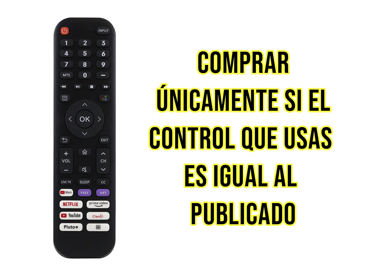 CONTROL EXPERT Control Compatible con Hisense Modelo En2d30h 50H6G Smart TV Netflix Youtube Music Prime Video Pluto