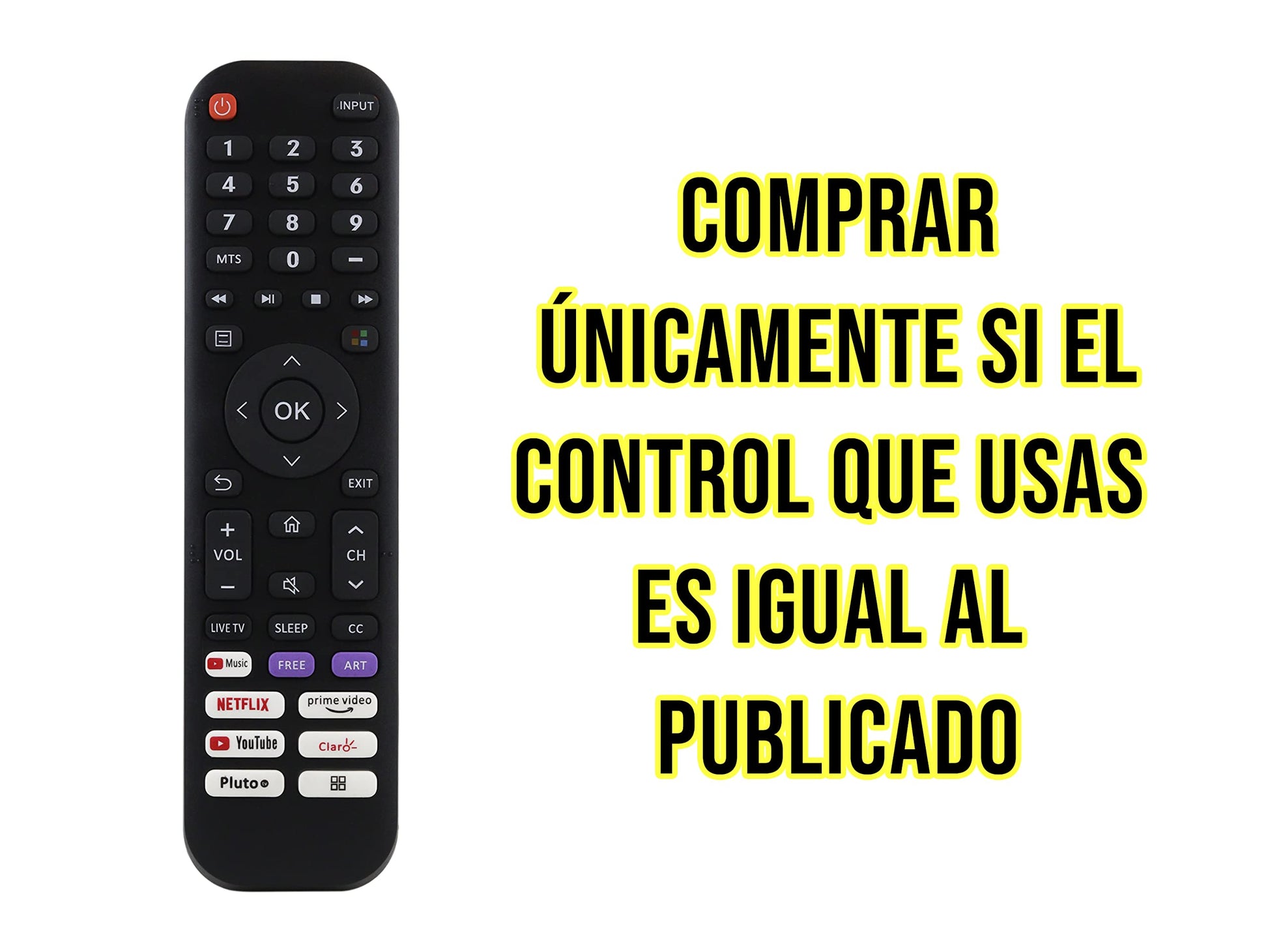 CONTROL EXPERT Control Compatible con Hisense Modelo En2d30h 50H6G Smart TV Netflix Youtube Music Prime Video Pluto