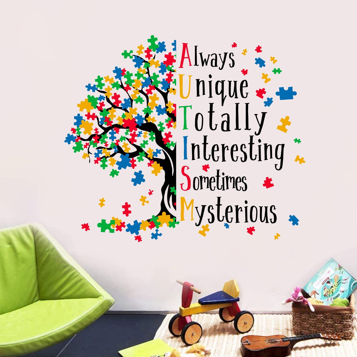 Mfault - Calcomanía de pared inspiradora para el día de la conciencia del autismo, diseño de árbol de rompecabezas positivo, decoración de habitación de bebé, recámara de bebé, espectro autista