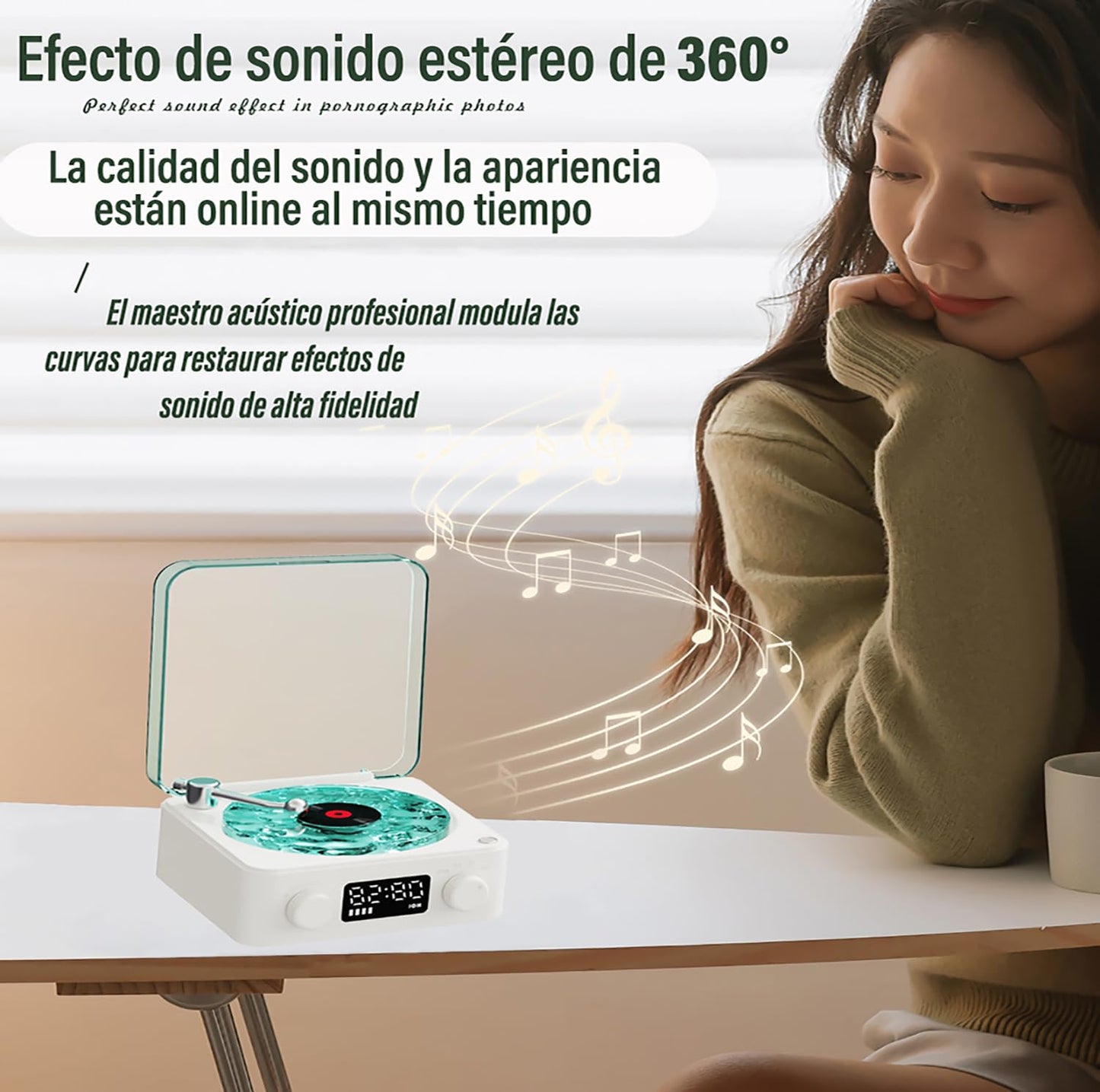 CASASDA Altavoz Bluetooth, Bocina Tocadiscos Bluetooth, Elegante Altavoz Bluetooth con Luz Nocturna y Visualización de la Hora, Pequeño Altavoz Estéreo Multifuncional 3 en 1 (Verde)
