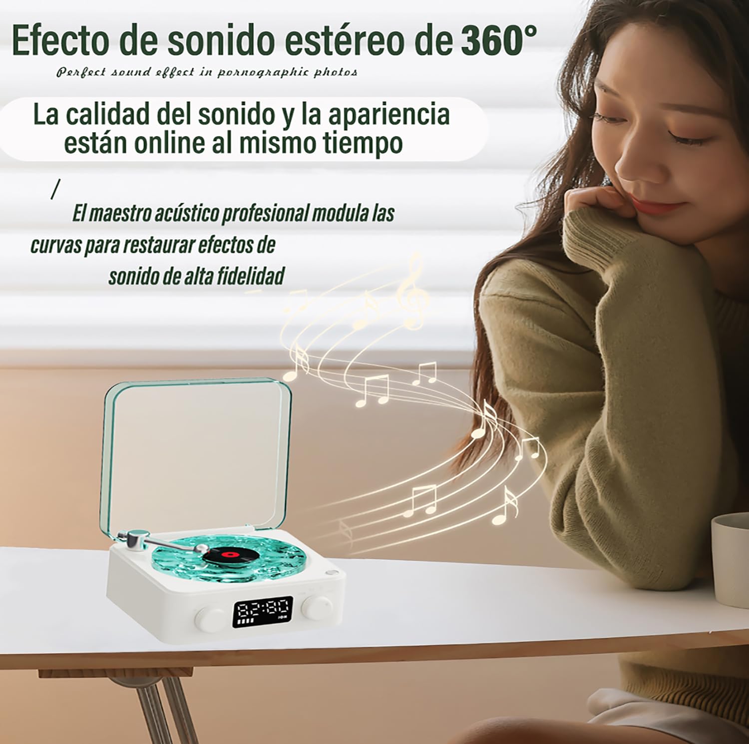 CASASDA Altavoz Bluetooth, Bocina Tocadiscos Bluetooth, Elegante Altavoz Bluetooth con Luz Nocturna y Visualización de la Hora, Pequeño Altavoz Estéreo Multifuncional 3 en 1 (Blanco)