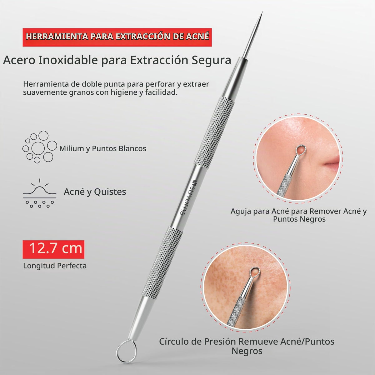 Herramienta para eliminar milia Suvorna Skinpal, removedor de granos, extractor para granos, puntos negros, puntos blancos, comedones, acné, espinillas, imperfecciones, quistes y manchas.
