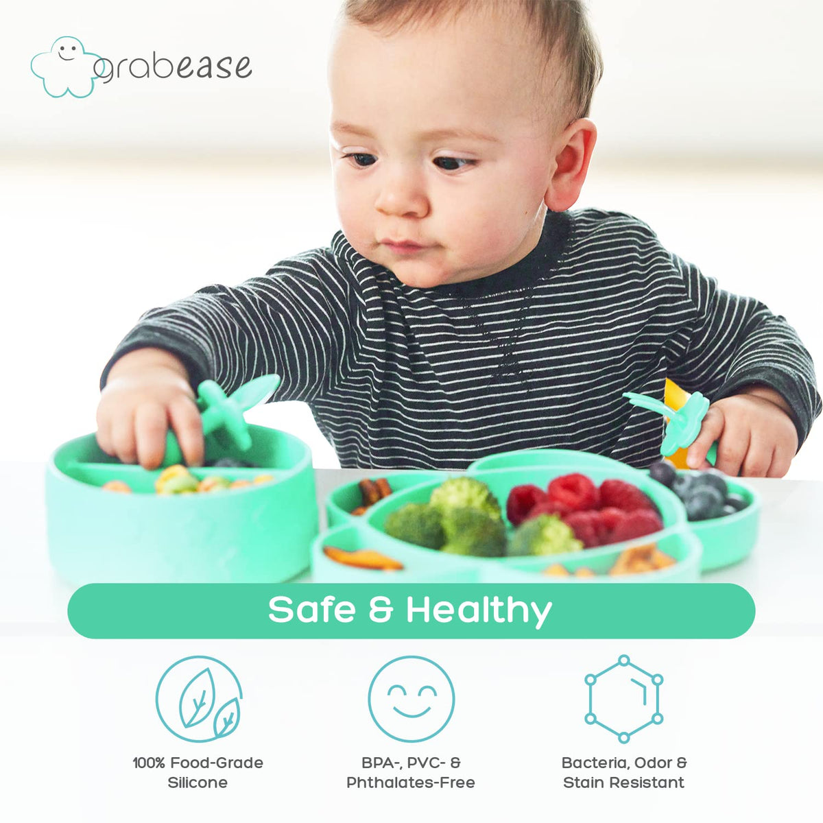 Grabease - Set de alimentación para bebé, cuenco de silicona, plato y utensilios en forma de nube, juego de 4 piezas