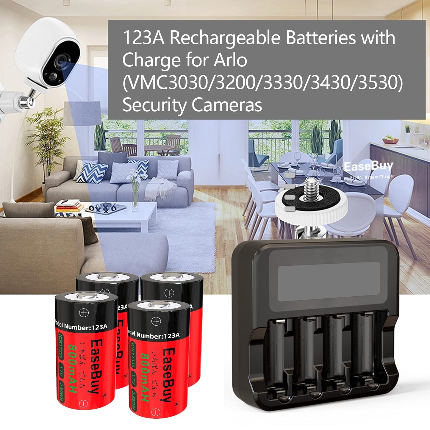 Baterías Recargables EaseBuy 3,7 V con Cargador para Cámaras Arlo y Linterna