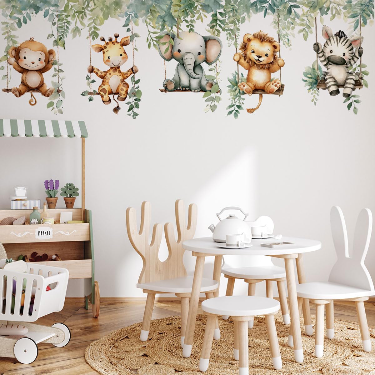 Calcomanías de pared de animales de la selva, elefantes de overol, leones, cebras, jirafas, hojas de vid, pegatinas de pared para niños, habitación de bebé, cuarto de bebé, sala de juegos, decoración