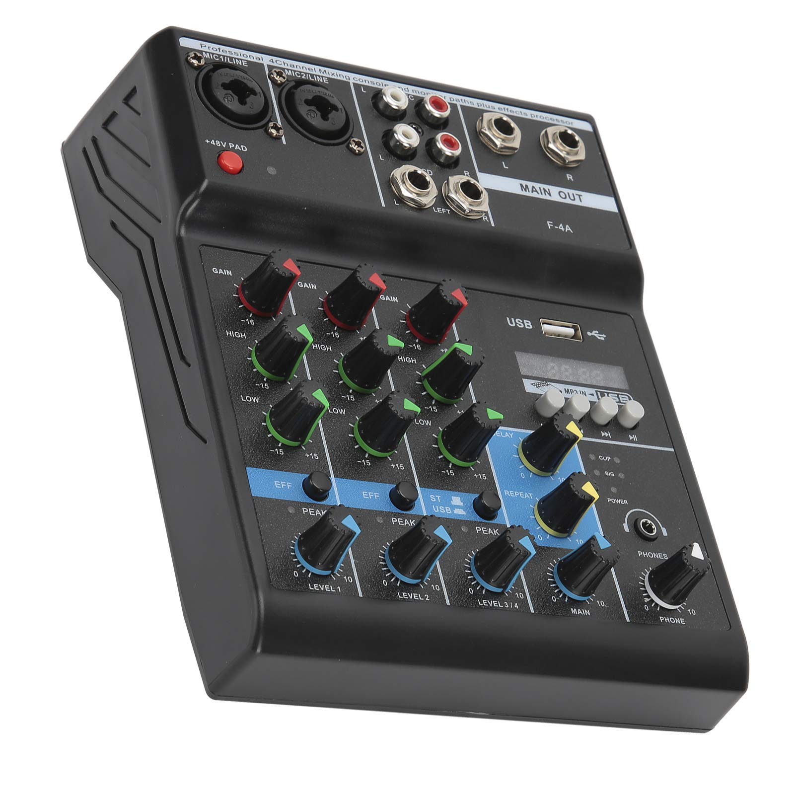 Heayzoki Consola de Placa de Sonido de Mezclador de Audio, Mezclador de Audio de 4 Canales, Consola de Mezcla Estéreo USB Compacta, con Tarjeta de Sonido, para el Hogar/Computadora(US)