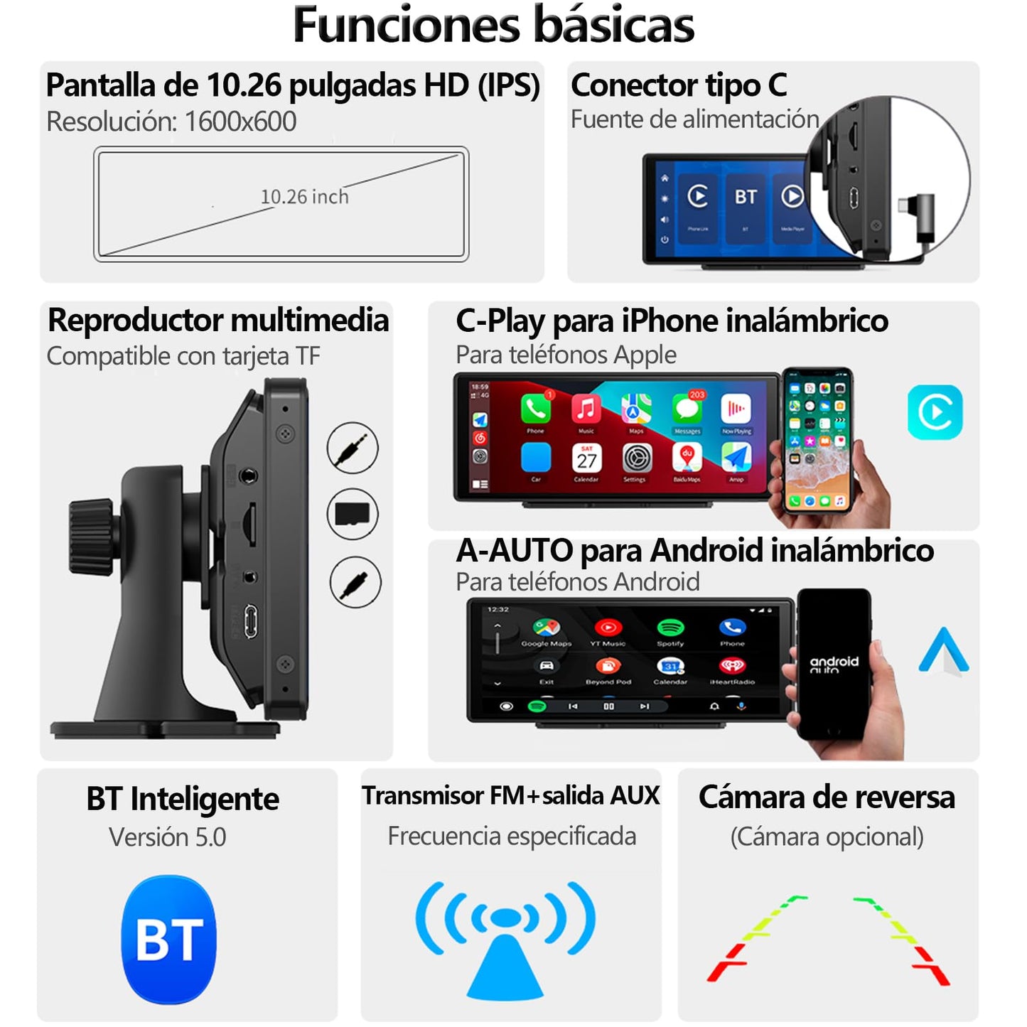 Autoestereos para Carro 10.26", Estéreo Inalámbrico para Coche, Pantalla para Auto, Compatible con CarPlay y Android Auto, Mirror Link, Cámara de Retroceso‌, GPS, FM, BT, WiFi