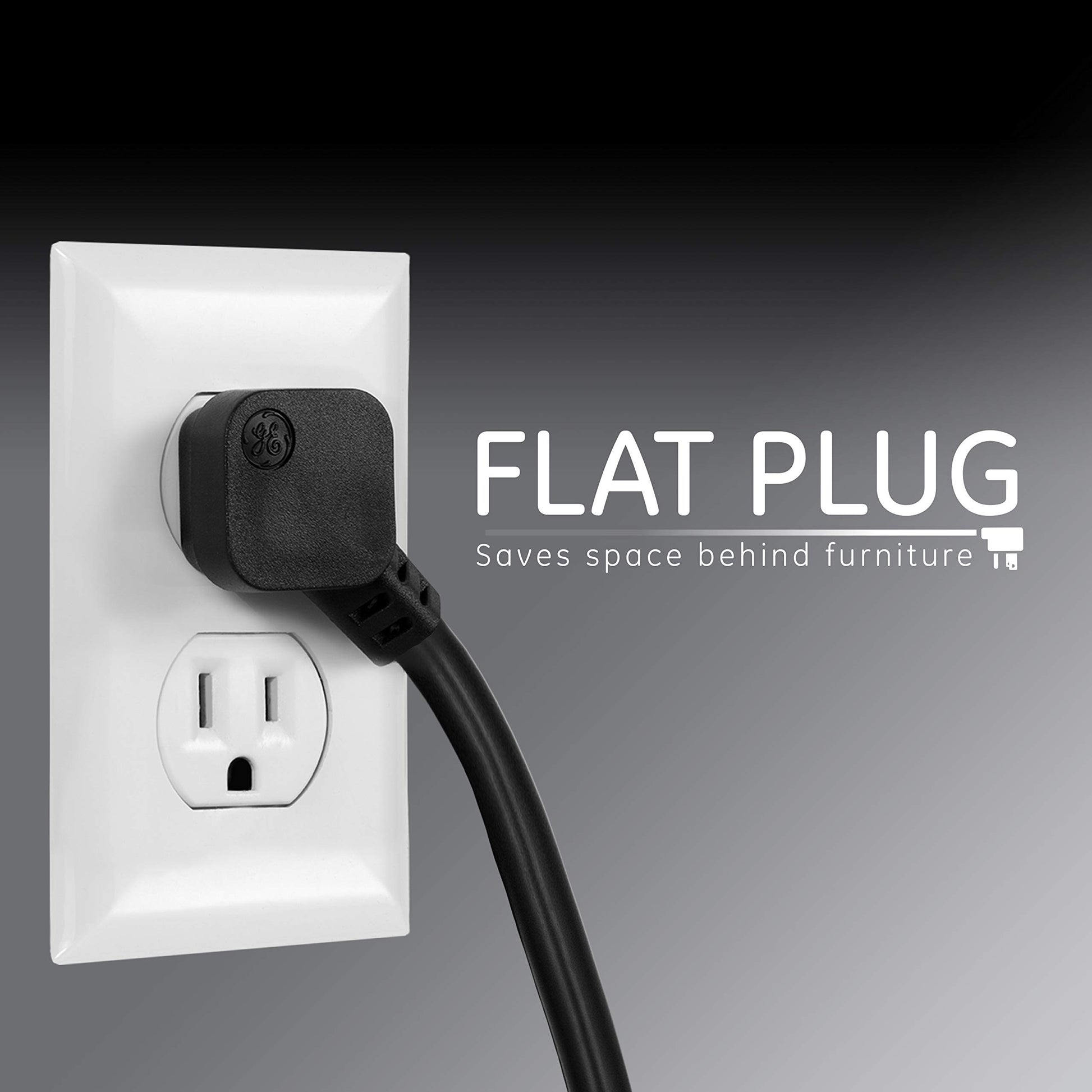 GE Tira Multicontactos De 6 Salidas con Supresor De Picos Y Enchufe Plano, Cable De Extensión De .60 Metros (2 Pies), 450 Julios, Cubiertas De Seguridad con Giro para Cerrar, Negro,2 Unidades, 54626