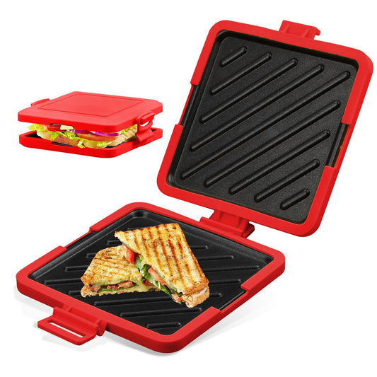 Garqitwan Tostadora para Microondas, Sandwichera Tostada para Microondas, Gofrera Multifunción Antiadherente con Correas de Silicona Ajustables (Rojo)