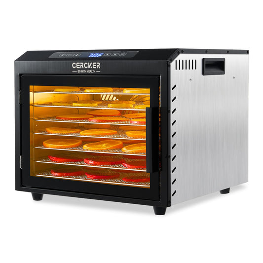 Máquina deshidratadora de alimentos, 7 bandejas de acero inoxidable, secadora de alimentos pequeña de 6 pies cuadrados, 190ºF, deshidratador de frutas 24H, secador de carne de 800 W para ceca