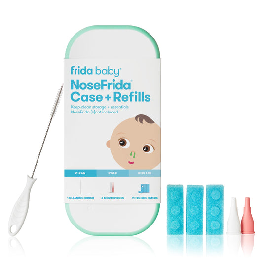 Frida Baby NoseFrida Funda + kit de accesorios de repuesto, incluye funda de viaje de almacenamiento, cepillo para polvo de limpieza de cerdas, 9 filtros de higiene y 2 puntas para limpiar y almacenar