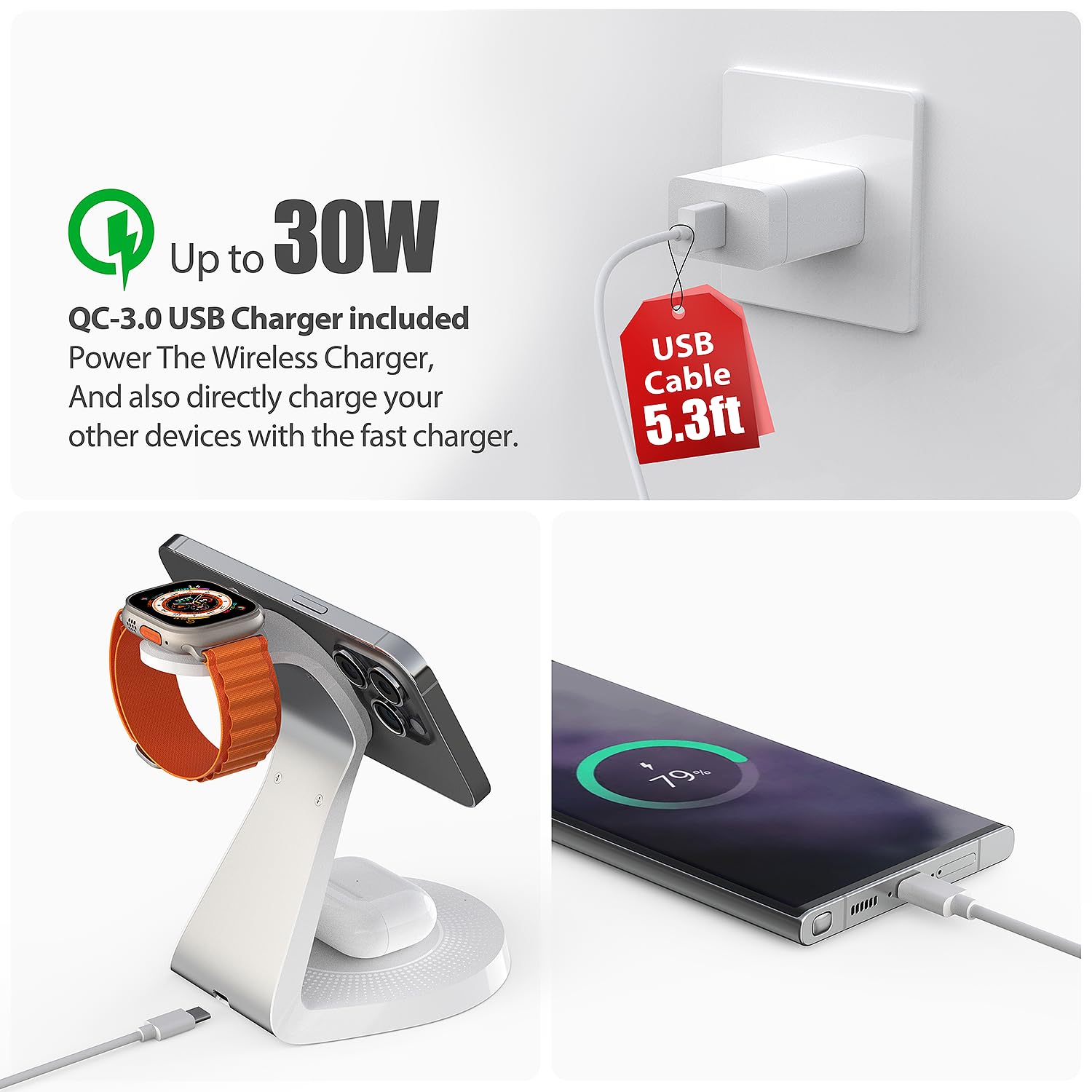 LONGCONN Estación de carga 3 en 1 para dispositivos Apple, soporte de carga rápida Mag-Safe, cargador inalámbrico para iPhone 15/14/13/12, y AirPods, y iWatch, LK-221-W-VINE