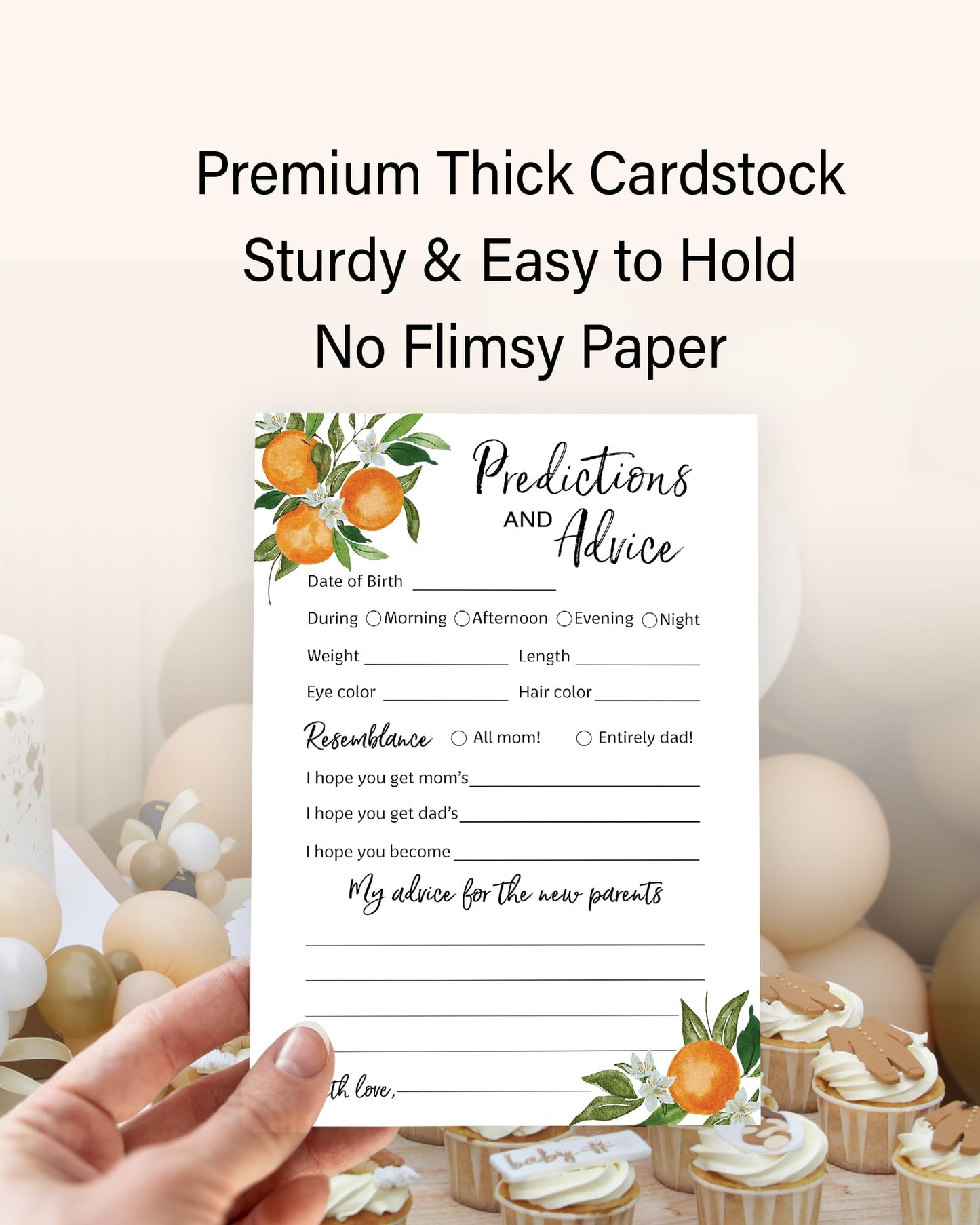 Tarjetas de predicción y consejos de A Little Cutie – Paquete de 25 – Invitaciones de baby shower con temática de naranja cítrico, deseos para nuevos padres, mamá y papá para ser mamá y papá, mensaje de ducha, recuerdo de actividad G350-PDAV