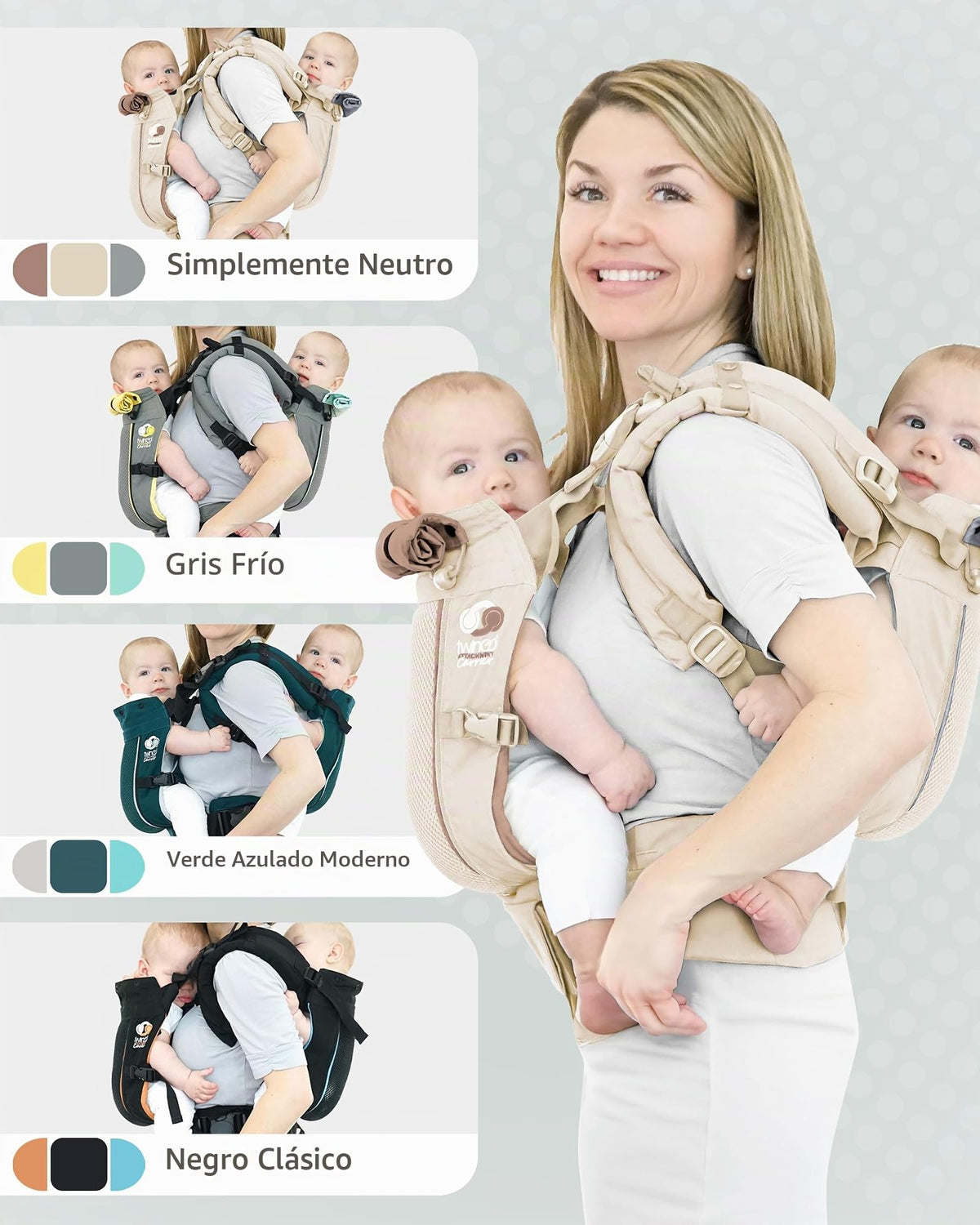 TwinGo Carrier - Modelo Air - Neutro, ideal para todas las estaciones, malla transpirable, totalmente ajustable en tándem o 2 portabebés individuales para hombres, mujer XS-XXL - Gemelos y bebés de 10