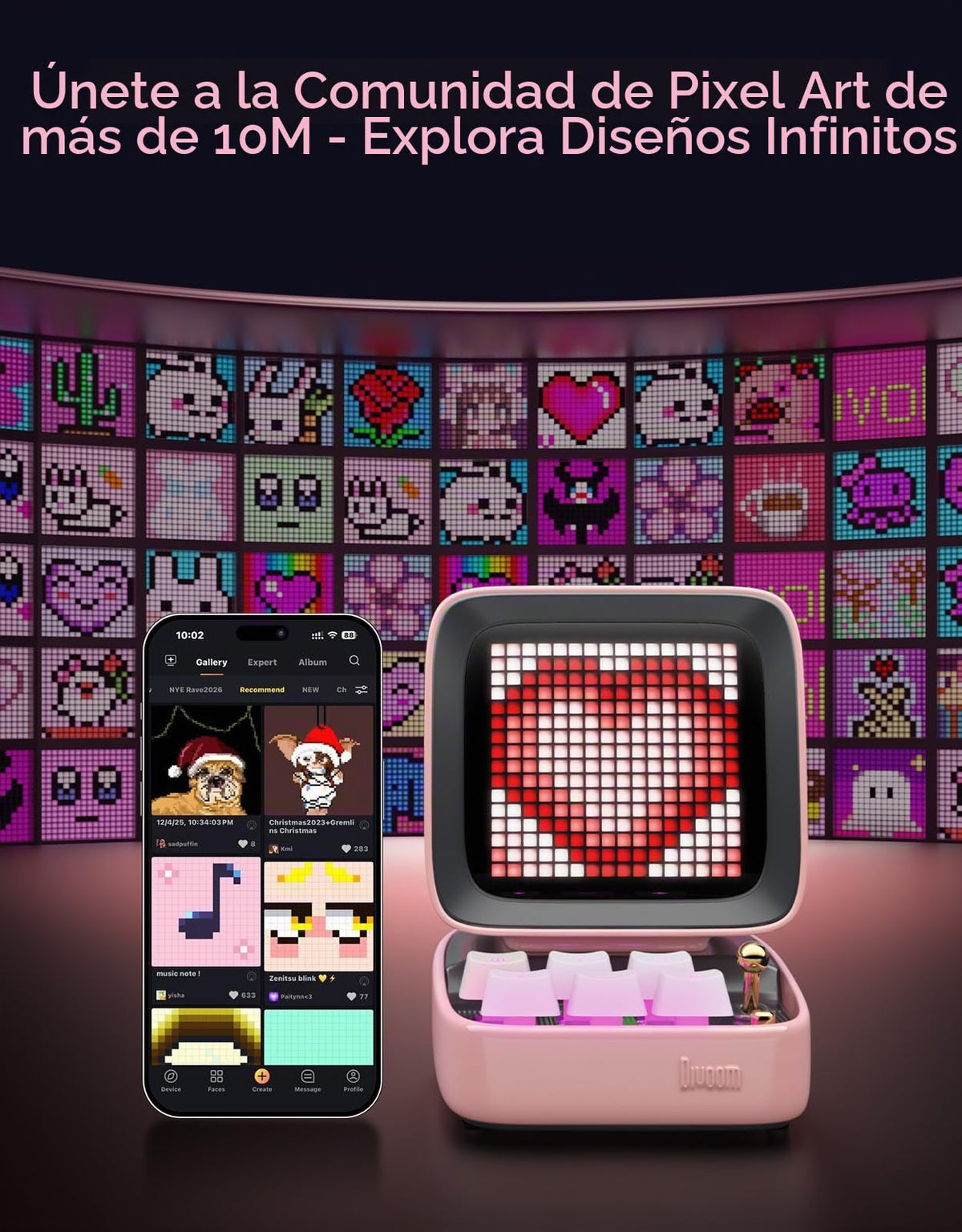 Altavoz Bluetooth Pixel Art Divoom Ditoo Rosa con Pantalla LED RGB y Teclado Mecánico