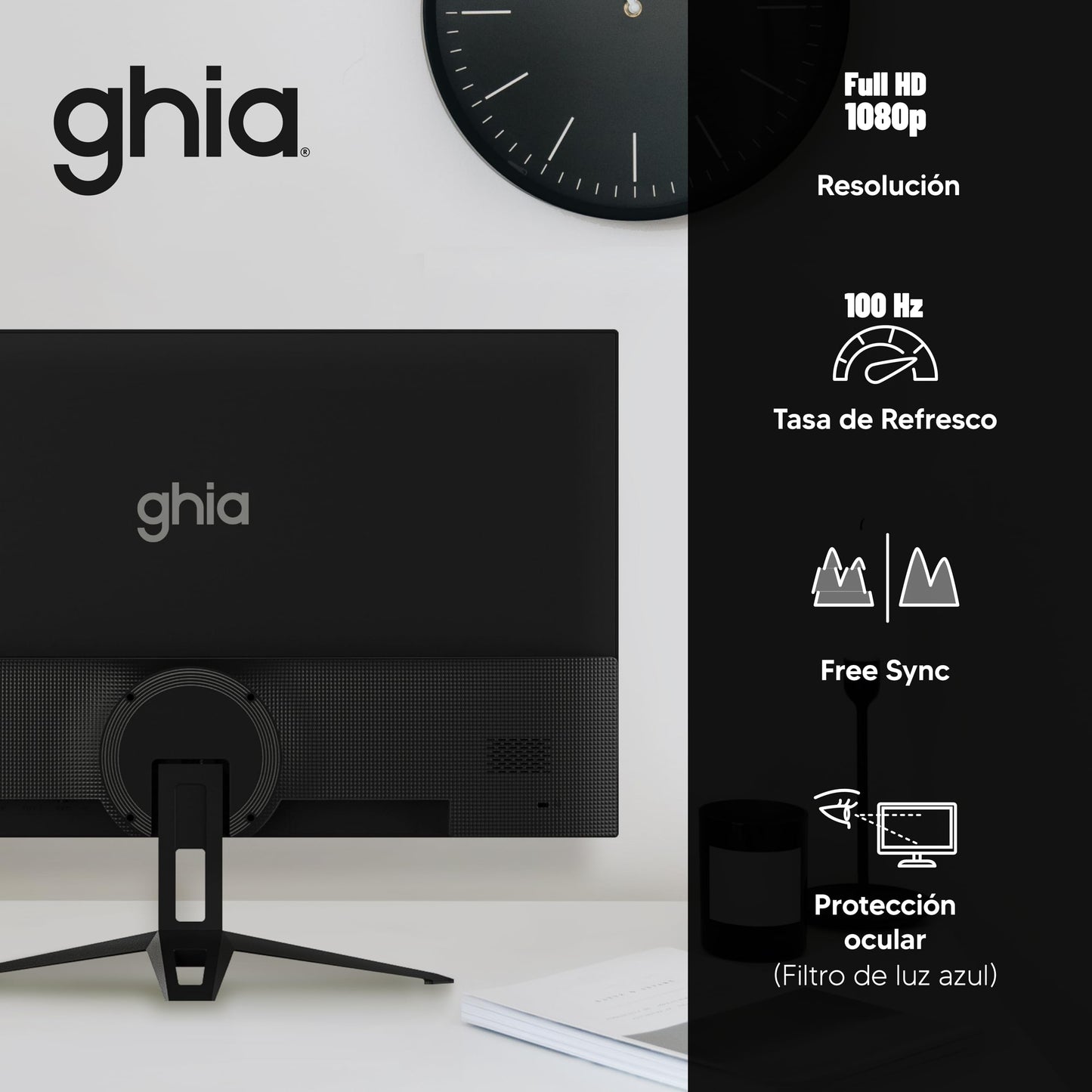 GHIA Monitor MG2424. Panel IPS de 23.8" Pulgadas (60.45cm), Frameless, Resolución Full HD 1920x1080, 100 Hz tasa de refresco, HDMI/VGA, Bocinas integradas.