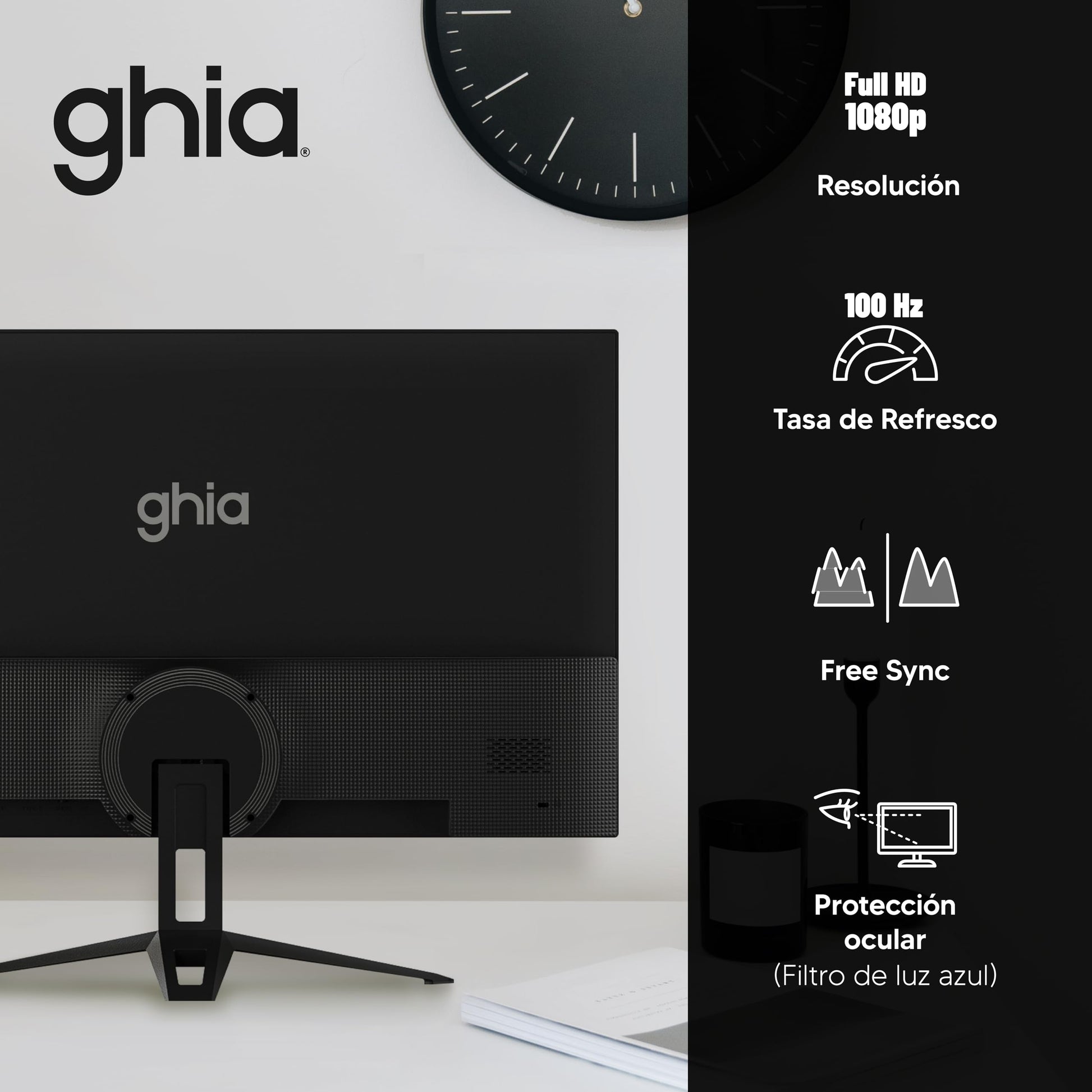 GHIA Monitor MG2424. Panel IPS de 23.8" Pulgadas (60.45cm), Frameless, Resolución Full HD 1920x1080, 100 Hz tasa de refresco, HDMI/VGA, Bocinas integradas.