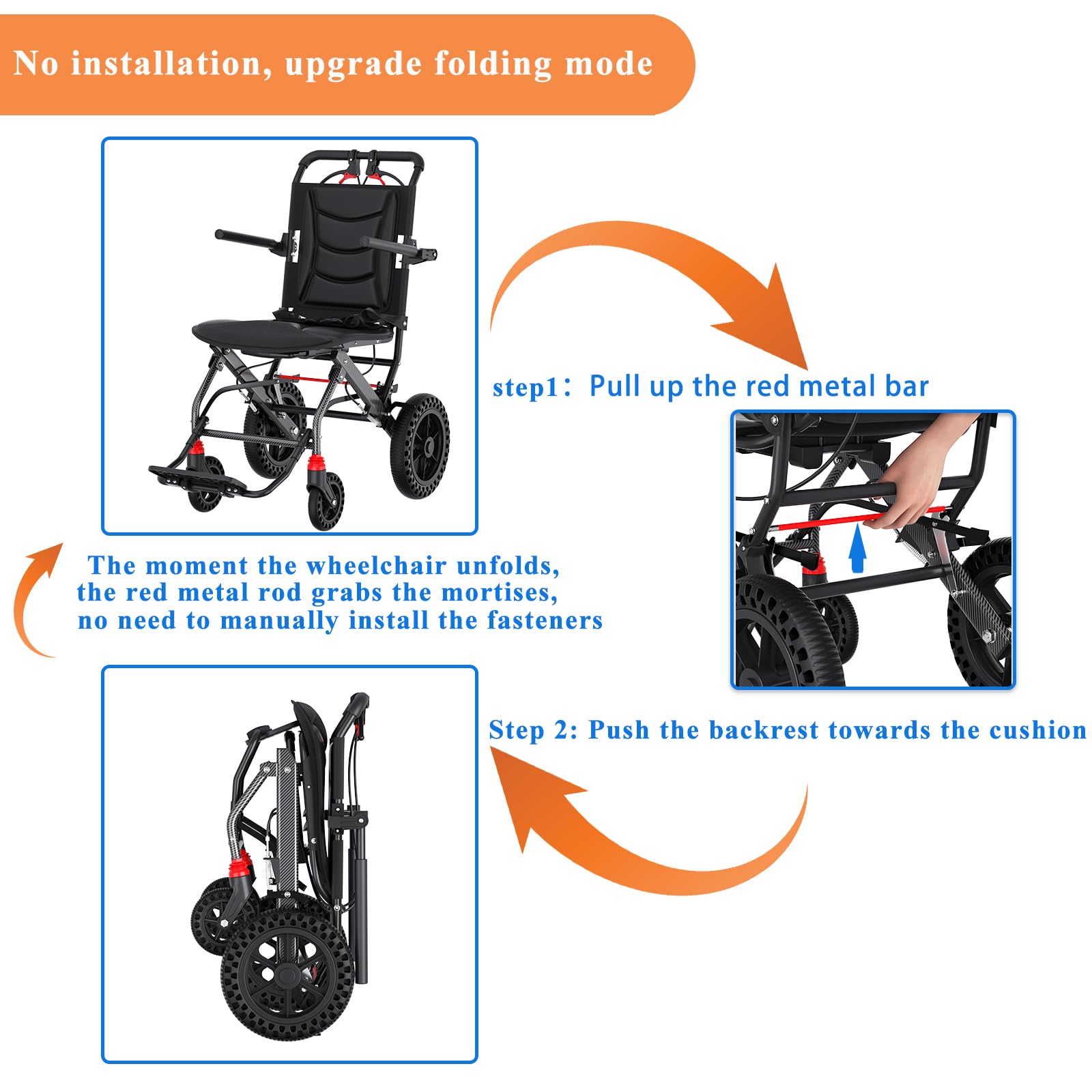 Hopelight (Asiento de 18" de ancho) Silla de ruedas de transporte ergonómica y liviana para personas mayores y adultos, sillas de ruedas de viaje de tránsito plegables y portátiles para todo terreno