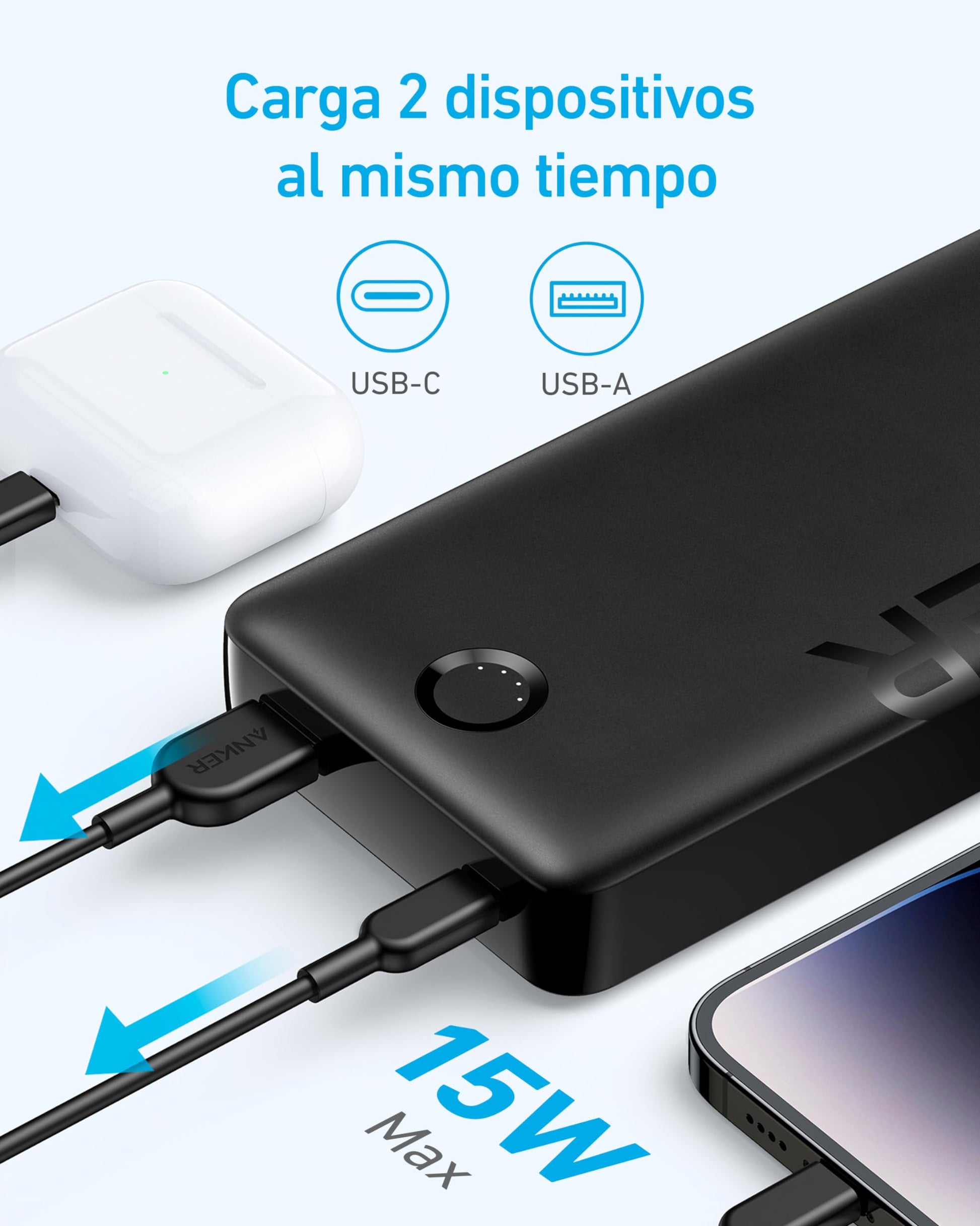 Batería Portátil Anker 20000mAh Negro Carga Rápida con 2 Puertos para iPhone y Samsung Galaxy